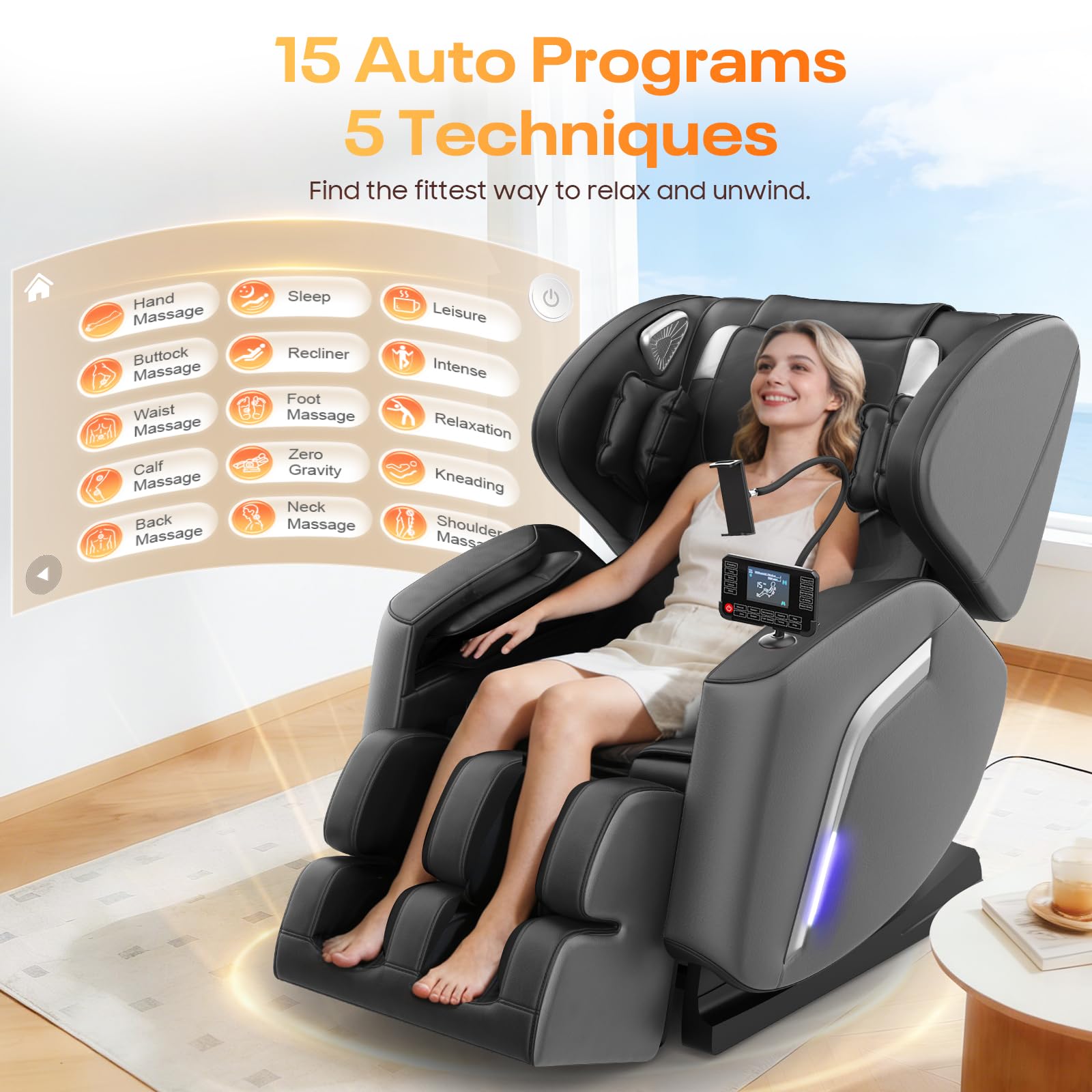 Sillón de Masaje con 14 Rodillos,9 Airbags, Calefacción para Espalda y Piernas, Masaje de Pies, Altavoces Bluetooth, Control por Teléfono Inteligente, Panel táctil,Sillón para Todo el Cuerpo
