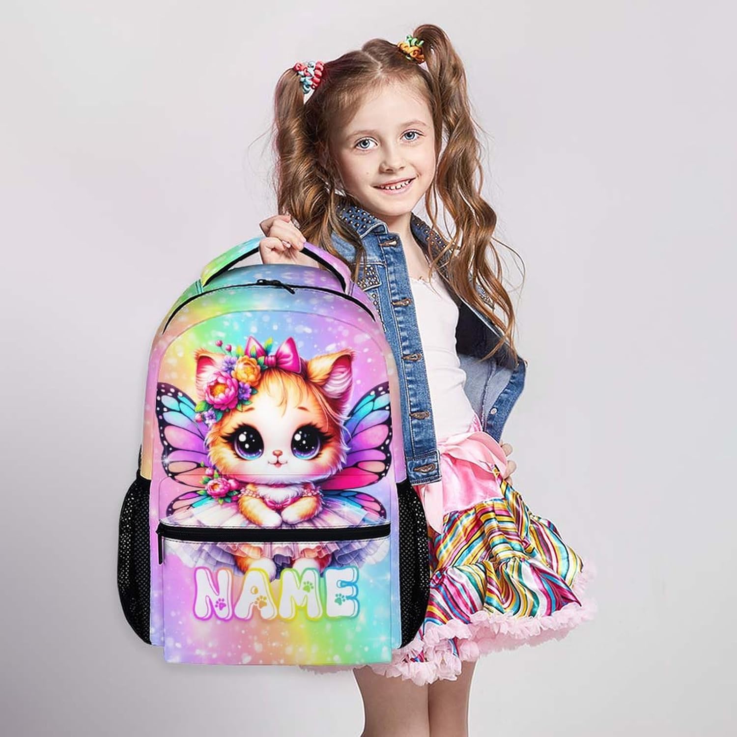 Backpack for Girls, Cat Backpack with Custom Name for Kids School Toddler Primary Elementary, Kindergarten Girls Gift, 17 Inch Personalized Lightweight Casual Bookbag