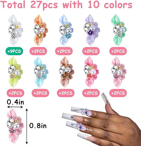 Miniatura 3 de Juome Dijes para uñas, 27 dijes de uñas de flores para uñas acrílicas, dijes de uñas 3D con forma de perlas de flores, suministros de decoración de