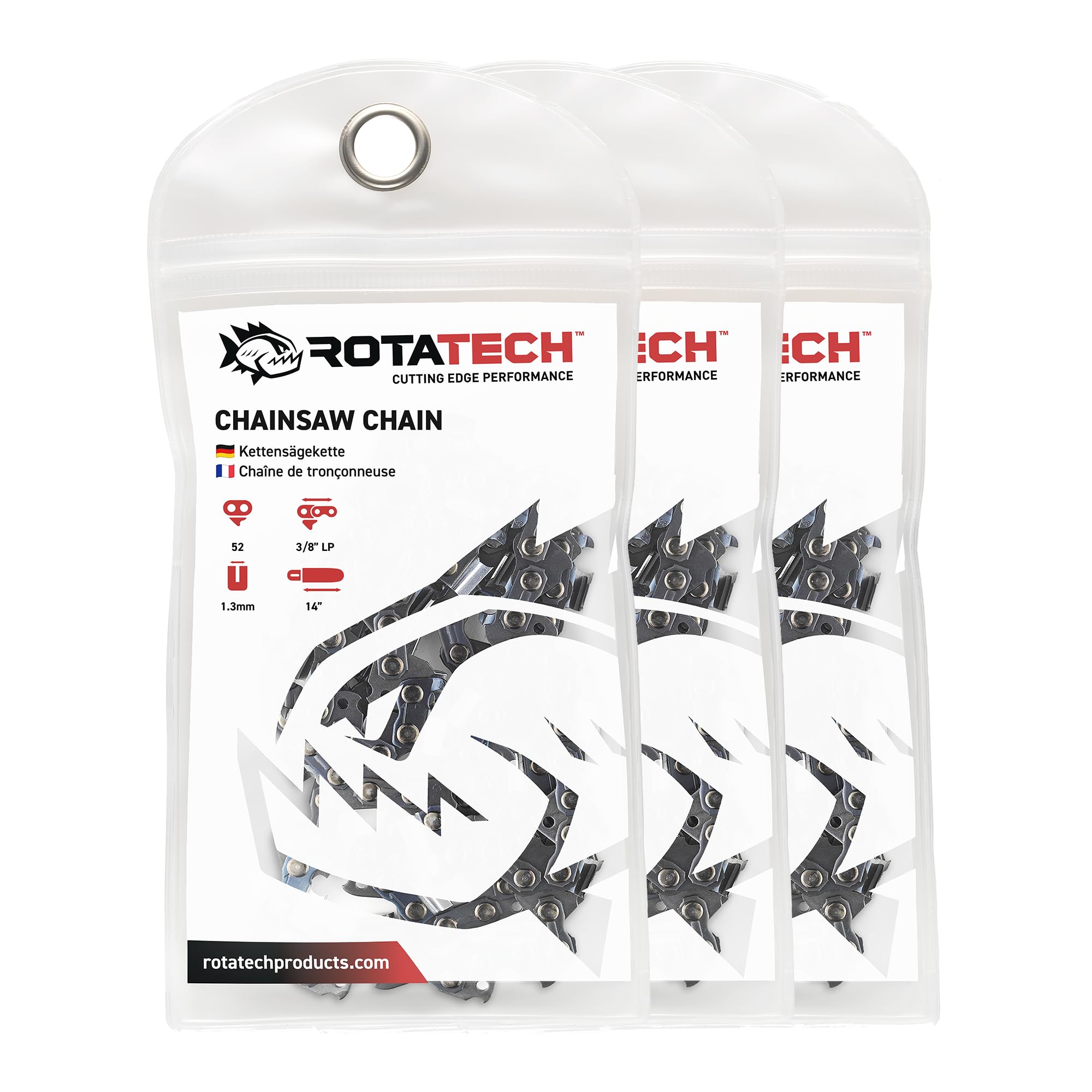 X3 (Three) 14" 35cm Rotatech Chainsaw Chains. 52 Drive Links, 3/8" LP Pitch, .050" Gauge. Compatible with Ryobi, McCulloch, Makita, Macallister, Husqvarna, and Many Others