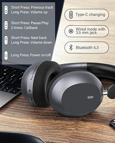 Miniatura 7 de Wentronic Y05 - Auriculares sobre la oreja – Sonido de alta resolución, ANC, Bluetooth inalámbrico 5.3, tiempo de reproducción de 48 horas, cómodos