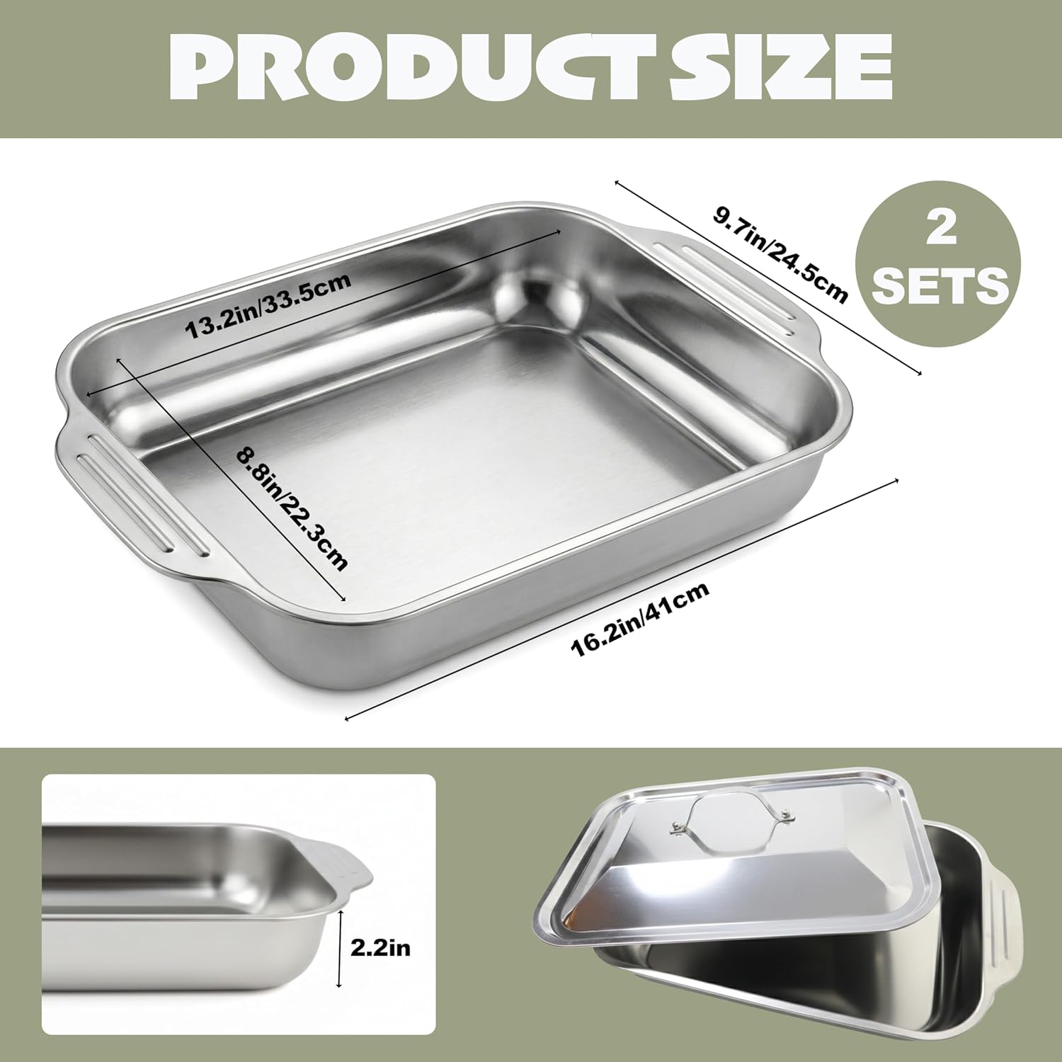 2 Sets 16.2 x 9.7 Inch Stainless Steel Lasagna Baking Pans With Lids | Deep Rectangle Pans Bakeware for Casserole, Brownies, Cake, Bread Loaf, Dishwasher Safe, Handle Style