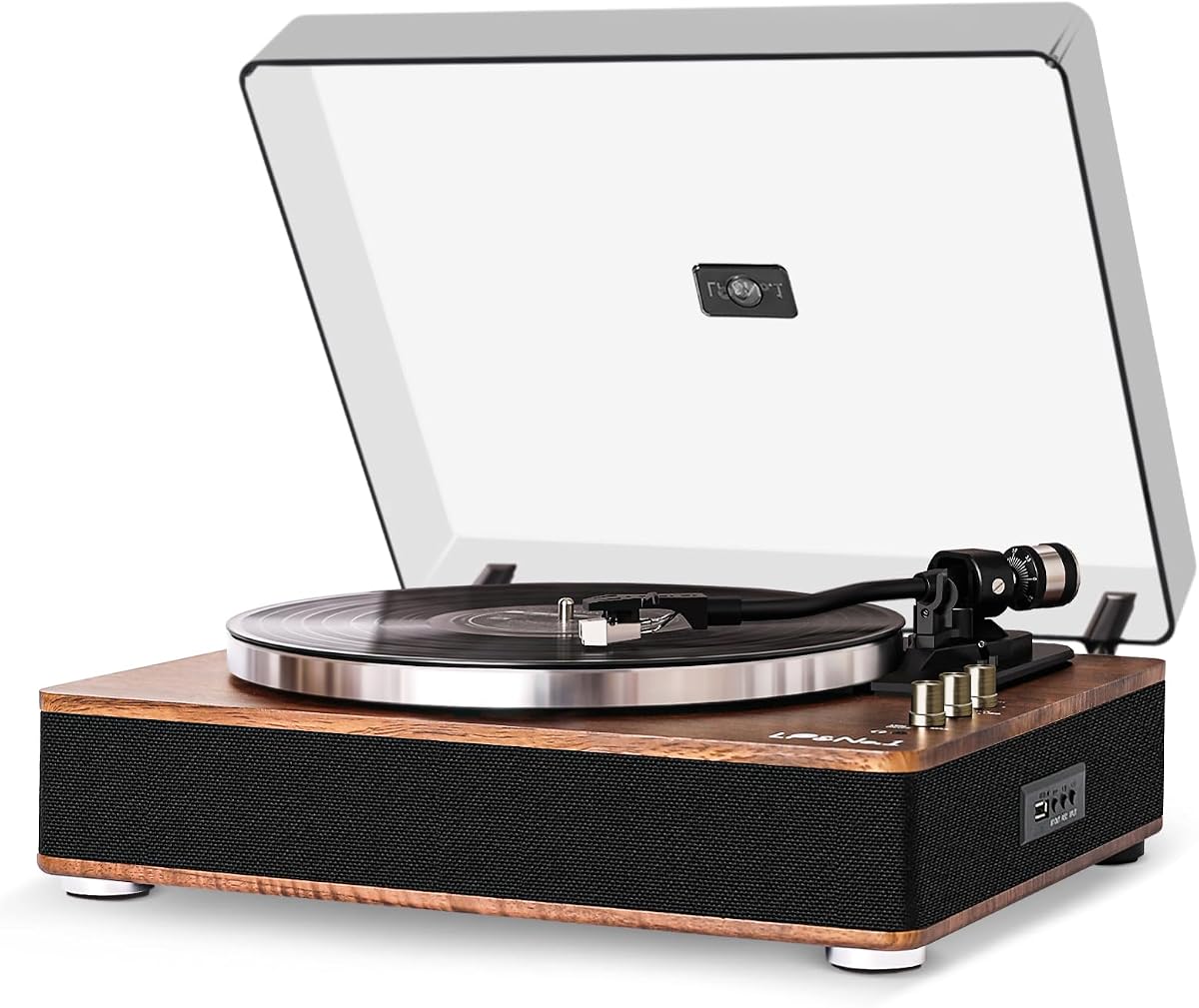 LP&No.1 Vinyl Record Players, Bluetooth Turntable with Built-in Speakers & Phono Preamp, High Fidelity Belt Drive 33/45 RPM with Magnetic Cartridge, USB Recording & Playback, Pitch Control, Auto Off