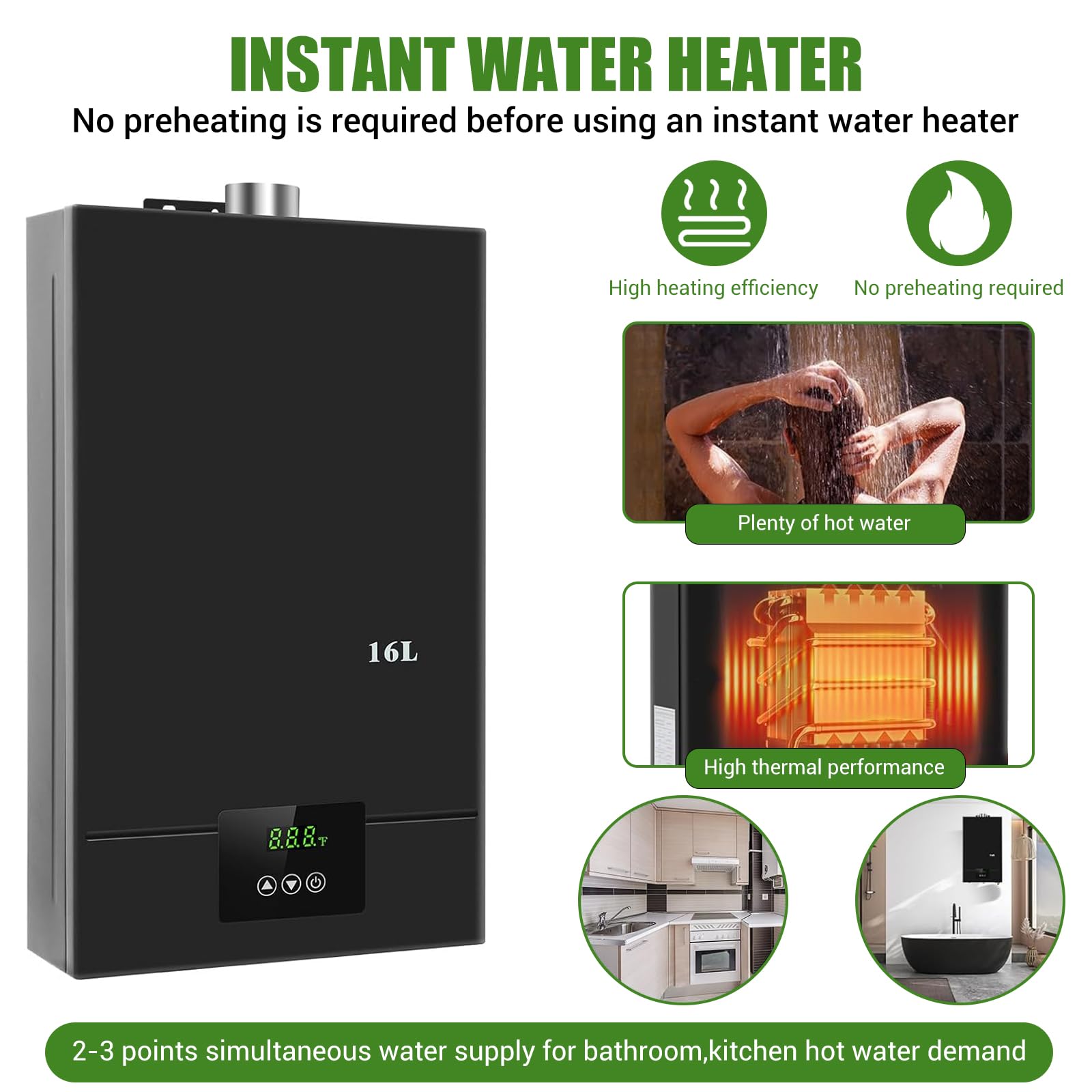 Calentador de agua a gas natural de 16 l con modo invierno y verano, caldera de gas natural, diseño portátil, sin depósito de acumulación, con pantalla digital