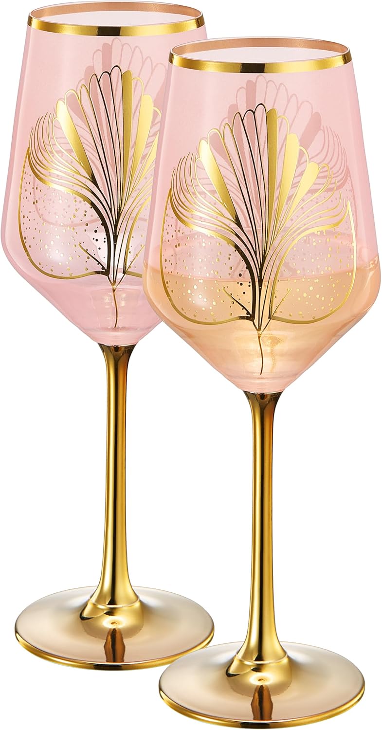 Gatsby Roaring 1920s Wine Glasses – Blush Pink Crystal, Gold Stem – Set of 2, 12oz Vintage Italian-Style Tall Drinkware – Elegant Glasses Cocktails, Weddings, Special Occasions & Timeless Celebrations