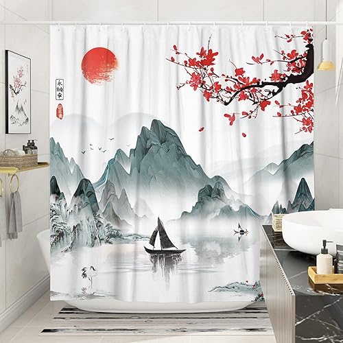 Miniatura 3 de Juego de cortinas de ducha con diseño de cerezo japonés, cortinas de ducha de anime asiático para baño, acuarela fresca, decoración de arte