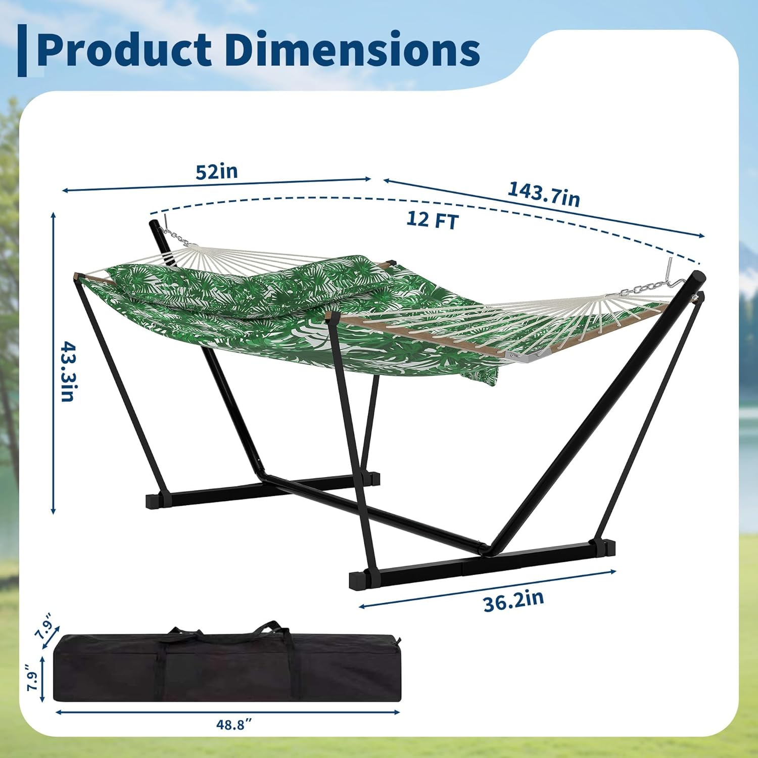 Double Outdoor Hammock with Stand for 2 Persons – 450lbs Heavy Duty Capacity, Portable Freestanding, Carrying Bag, Soft Pillow, Polyester Pad, Easy Assembly – Green Banana Leaf Color