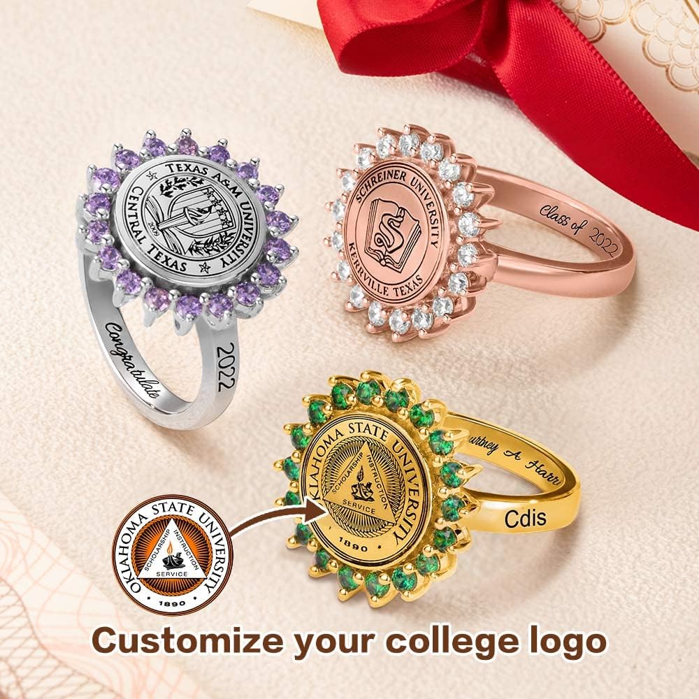 AILIN Custom Signet Rings With Birthstone For Women Men Sterling Silver 925/Brass Personalized Family Crest/Coat Of Arms/School Badge Rings Graduation Class Jewelry Birthday Chritmas Gifts