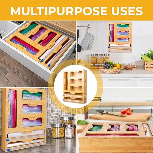 Miniatura 5 de Organizador de bolsas Ziplock – Bambú, dispensador de envoltura 6 en 1 con cortador, perfecto para galones, cuarto de galón, bolsa de sándwich y