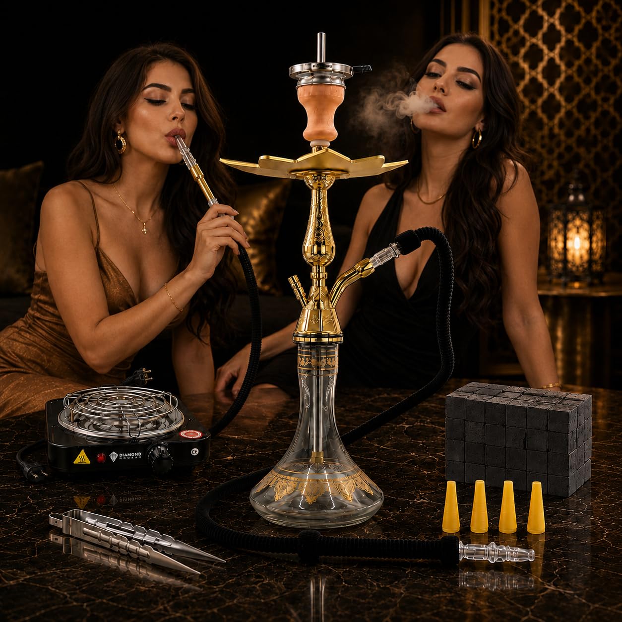 DIAMOND HOOKAH® Premium Tradi Shisha KOMPLETTSET, Tradi Shisha Aluminium im Komplettset + Mundstücke + Kohlenanzünder 1000 Watt + 1 Kg Kohle (Clear)