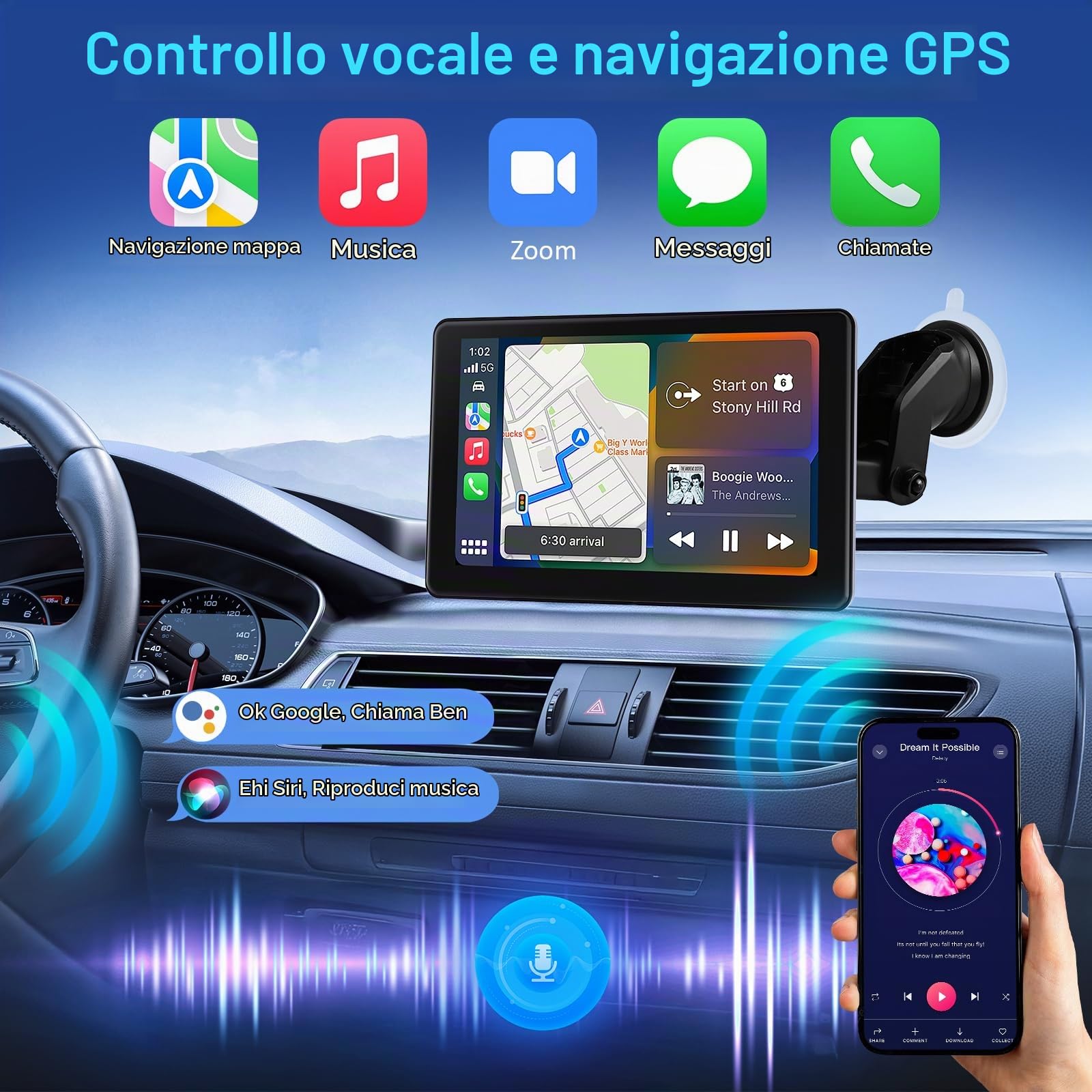 Autoradio Portatile con Carplay Wireless Android Auto, Schermo per Auto con IPS Touchscreen da 7 Pollici, Car Play Radio Bluetooth Auto con Mirror Link, Navigazione GPS, Controllo Vocale, AUX, FM