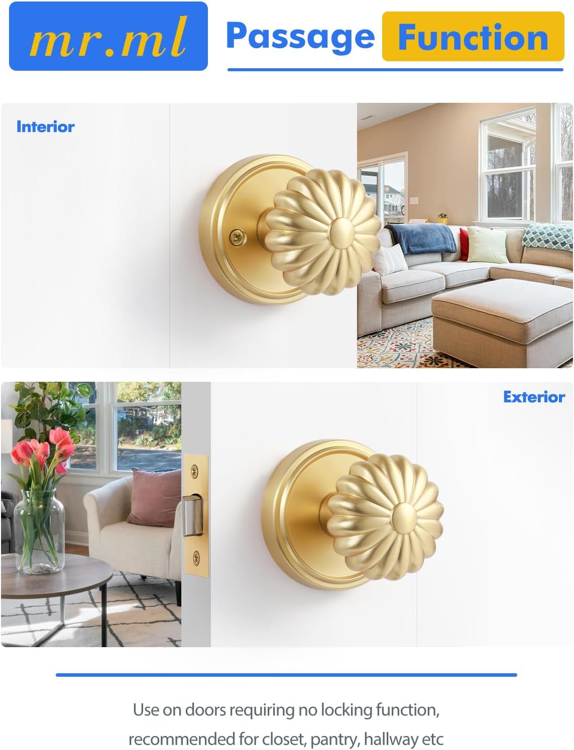 Gold Passage Door Knob, Interior Hall Closet Light Gold Door Knob Without Lock, Kitchen Pantry Laundry Room Brushed Gold Door Knobs, Aluminium Alloy Knob, 2 Pack