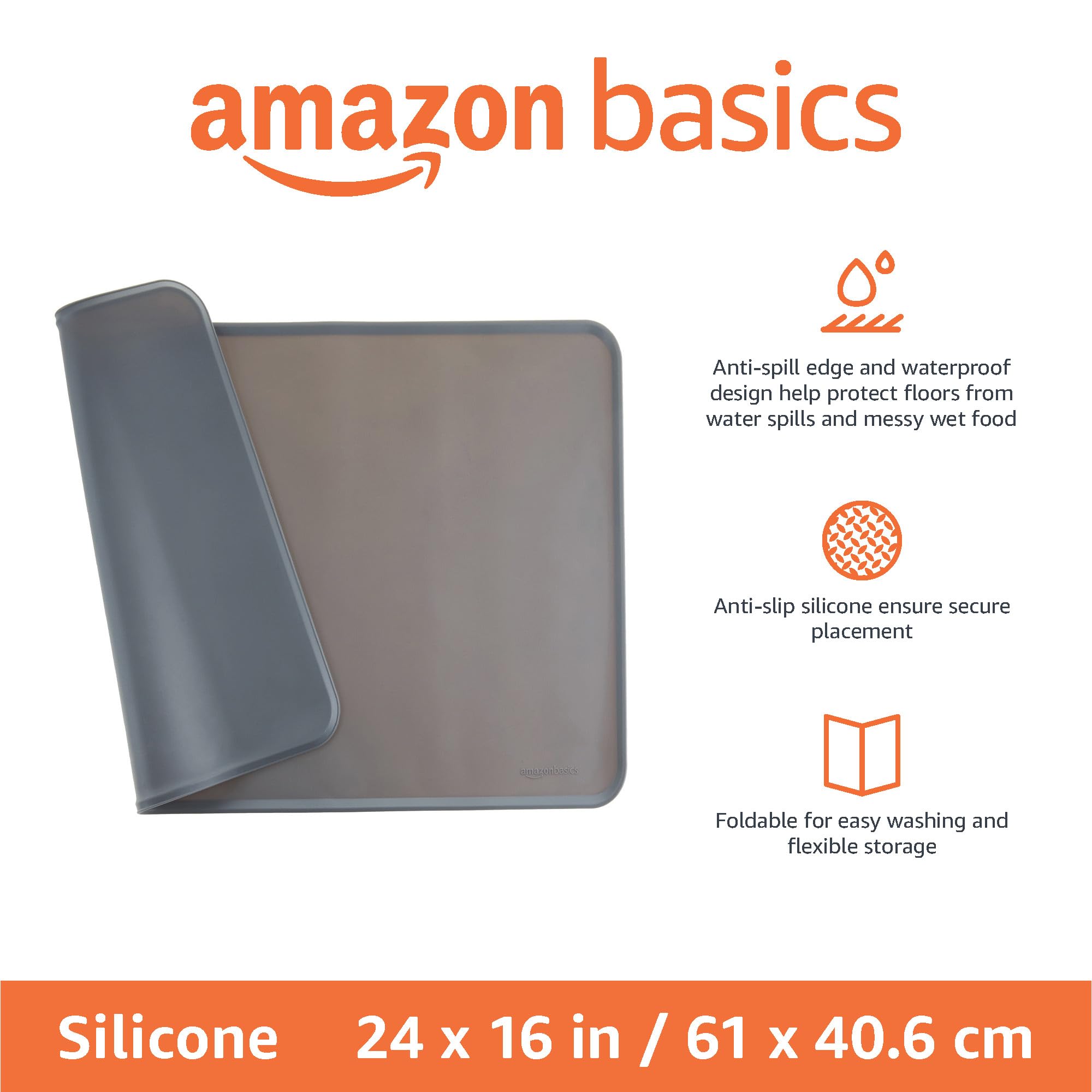 Amazon Basics - Wodoodporna podkładka pod miskę z silikonu, podkładka pod karmę dla zwierząt domowych, 60 x 41 cm, szara, łóżko pojedyncze