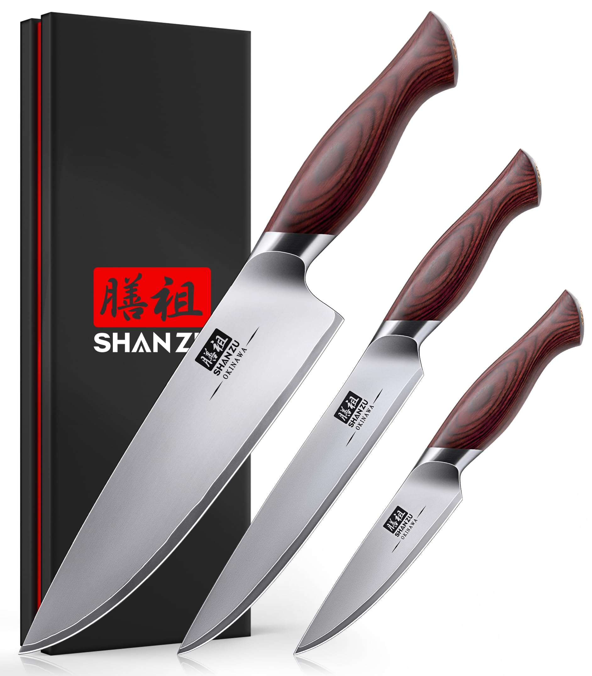 SHAN ZU Messerset 3-teilig, Japanisches Küchenmesserset aus 10Cr15MoV Edelstahl, Ultrascharfes Profi Kochmesserset mit Ergonomischem Holzgriff, Kochmesser, Allzweckmesser, Schälmesser - OKINAWA Series