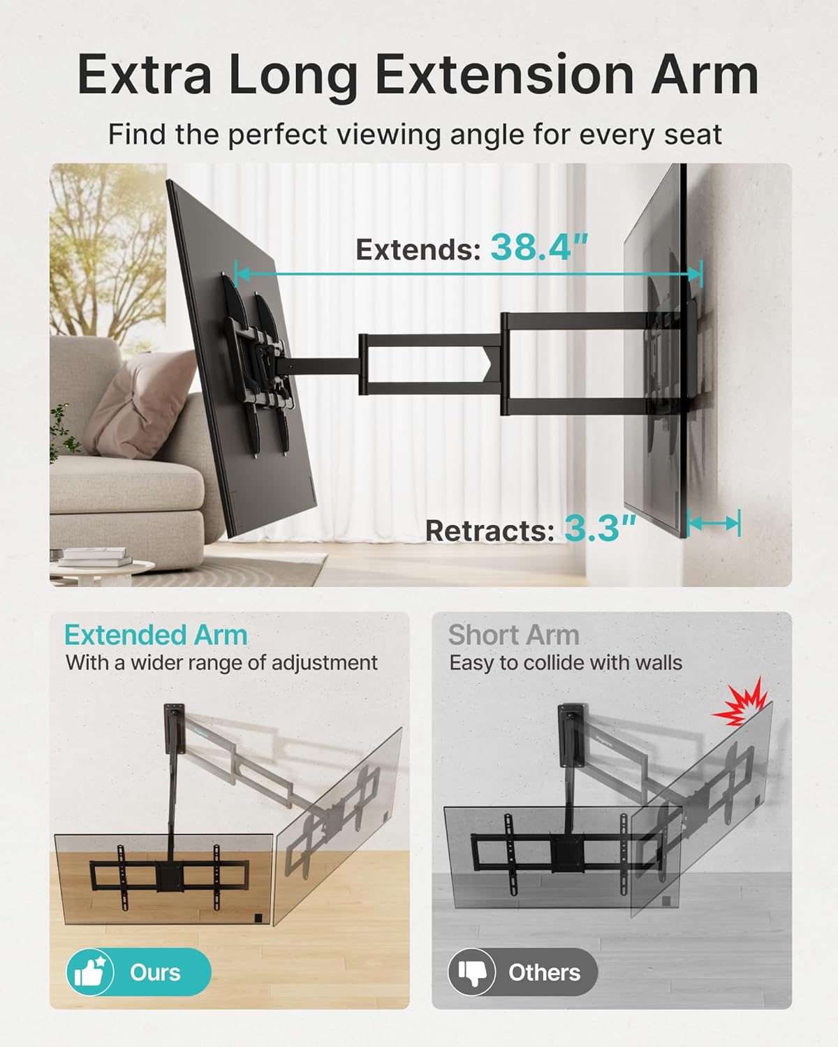 Pegzone Long Arm TV Wall Mount for 37-86 Inch TVs, 38 Inch Extra Long Extension TV Bracket, Swivel Tilt Full Motion TV Wall Mount Fit Max VESA 600 x 400mm, Heavy Duty Up to 110lbs, Single Stud
