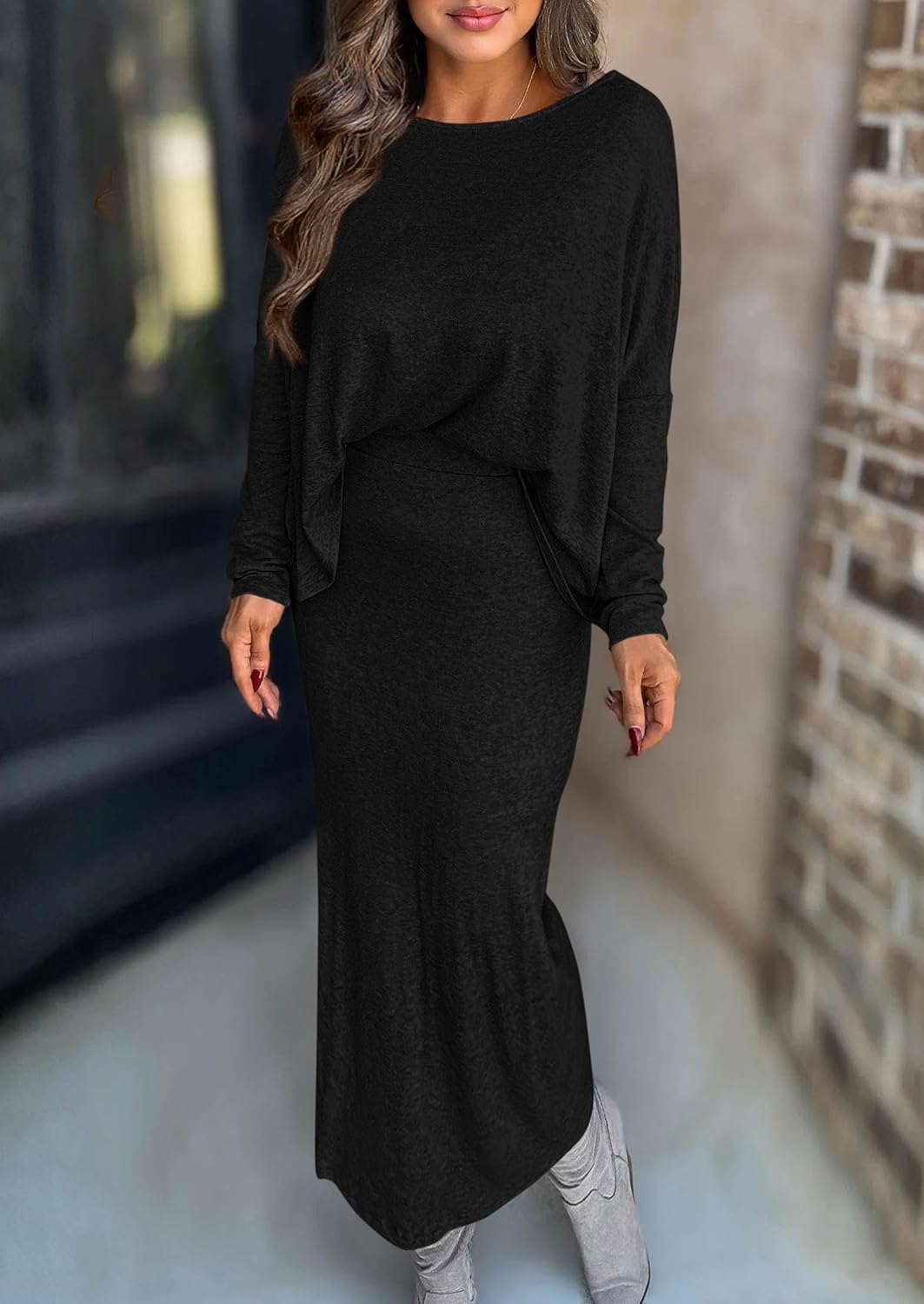 PRETTYGARDEN Women's Fall 2026 Two Piece Matching Skirt Sets Long Sleeve Tops Maxi Long Slit Bodycon Skirts Vacation Outfits - Image 2