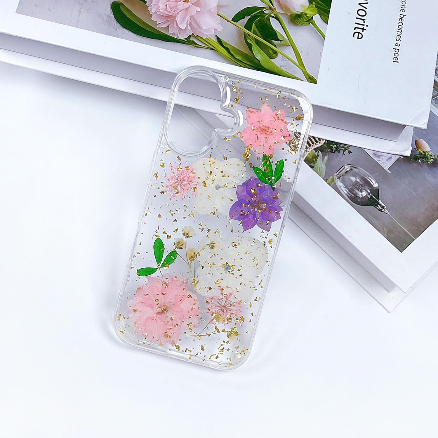 Abbery for iPhone 16 Case Cute Clear with Dry Real Flowers Floral Design Bling Glitter Sparkly Soft TPU Aesthetic Shockproof Protective Women Girl's Kawaii Trendy Pink Flower Phone Case for iPhone 16 - Image 5