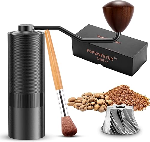Popsweeter Molinillo de café manual, rebabas de cono de acero inoxidable reemplazables de 7 celdas, cuerpo de una pieza de metal, ajuste de origen,