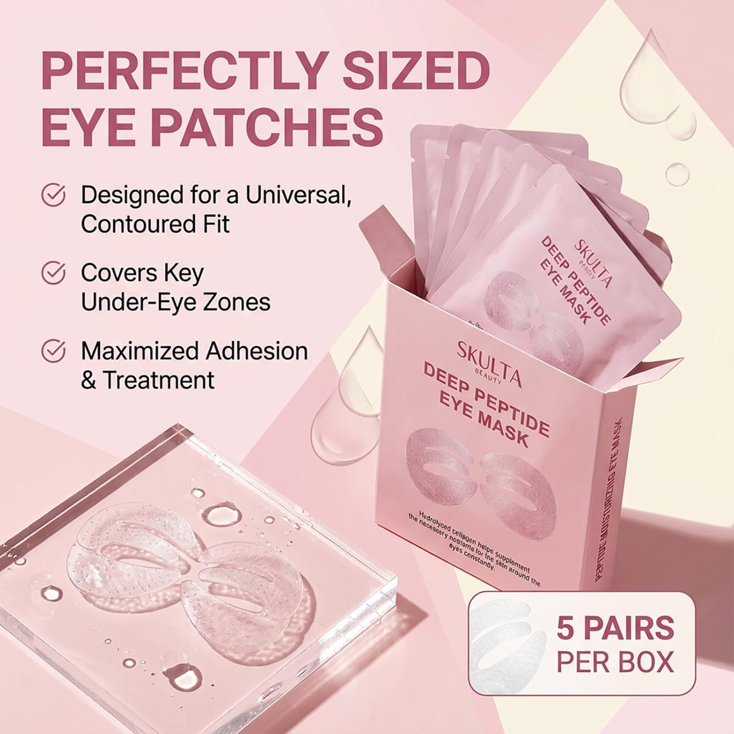 Skulta Deep Peptide Eye Mask,Under Eye Patches,Collagen Eye Patches for Puffy Eyes & Dark Circles, 360° Fit Hydrogel Eye Mask 5 Pairs (1 Box)