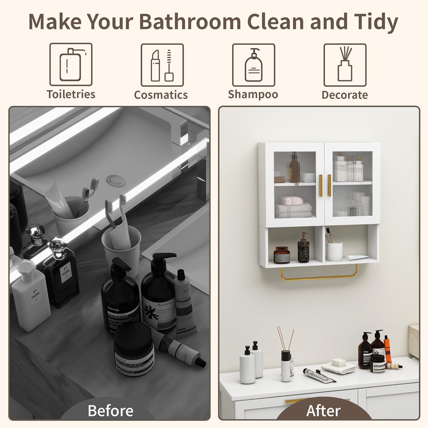 Wall Mounted Bathroom Storage Cabinet Medicine Cabinet with Acrylic Doors & Towel Bar Adjustable Shelves for Bathroom, Laundry Room, Bedroom, Enterway