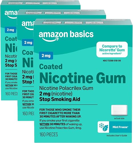 Amazon Basics Coated Nicotine Polacrilex Gum 2 mg, Ice Mint Flavor, Stop Smoking Aid, Smoking Cessation, Lessens Withdrawal Symptoms, 160 Count (Pack of 3) (Previously Amazon Basic Care)