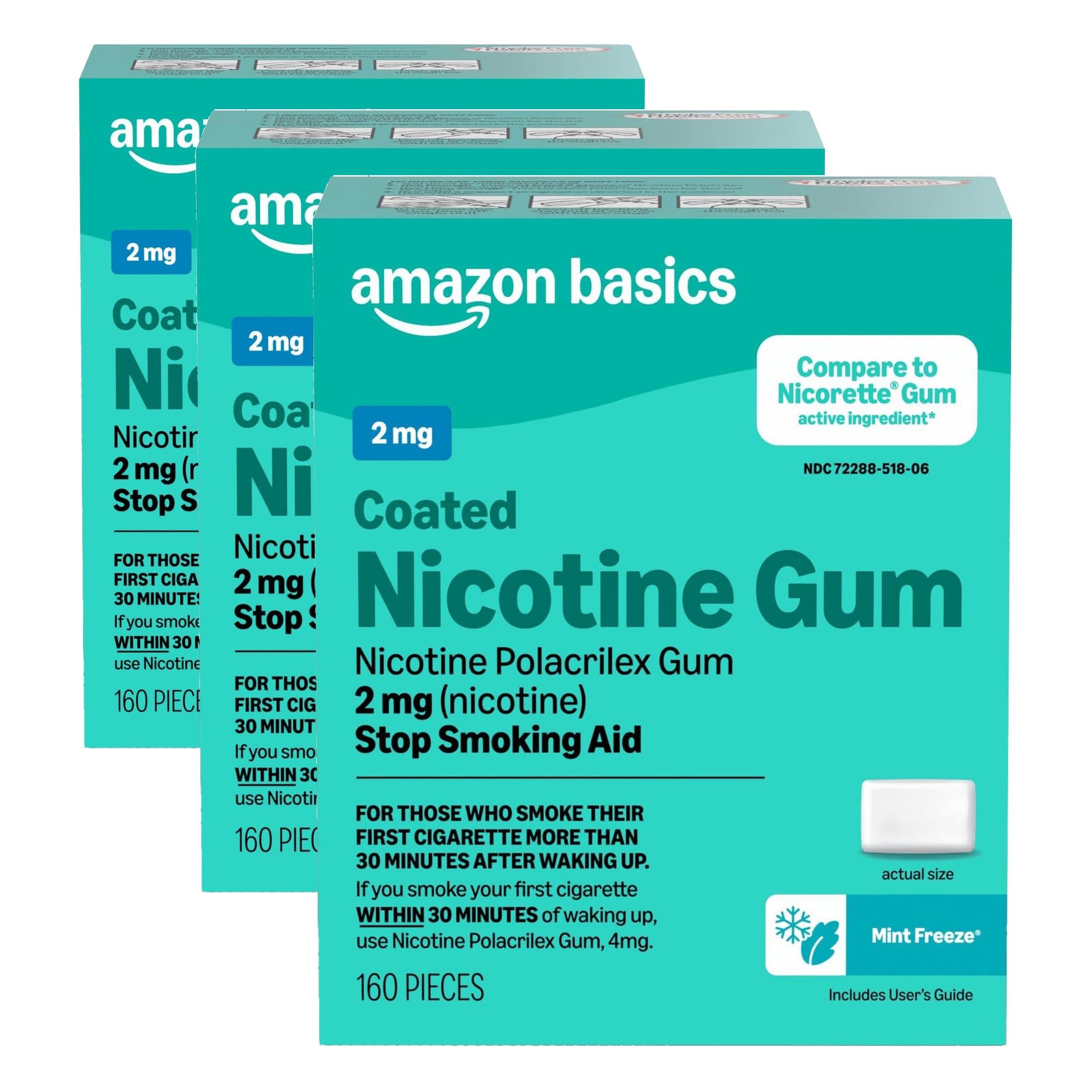 Amazon Basics Coated Nicotine Polacrilex Gum 2 mg, Ice Mint Flavor, Stop Smoking Aid, Smoking Cessation, Lessens Withdrawal Symptoms, 160 Count (Pack of 3) (Previously Amazon Basic Care)
