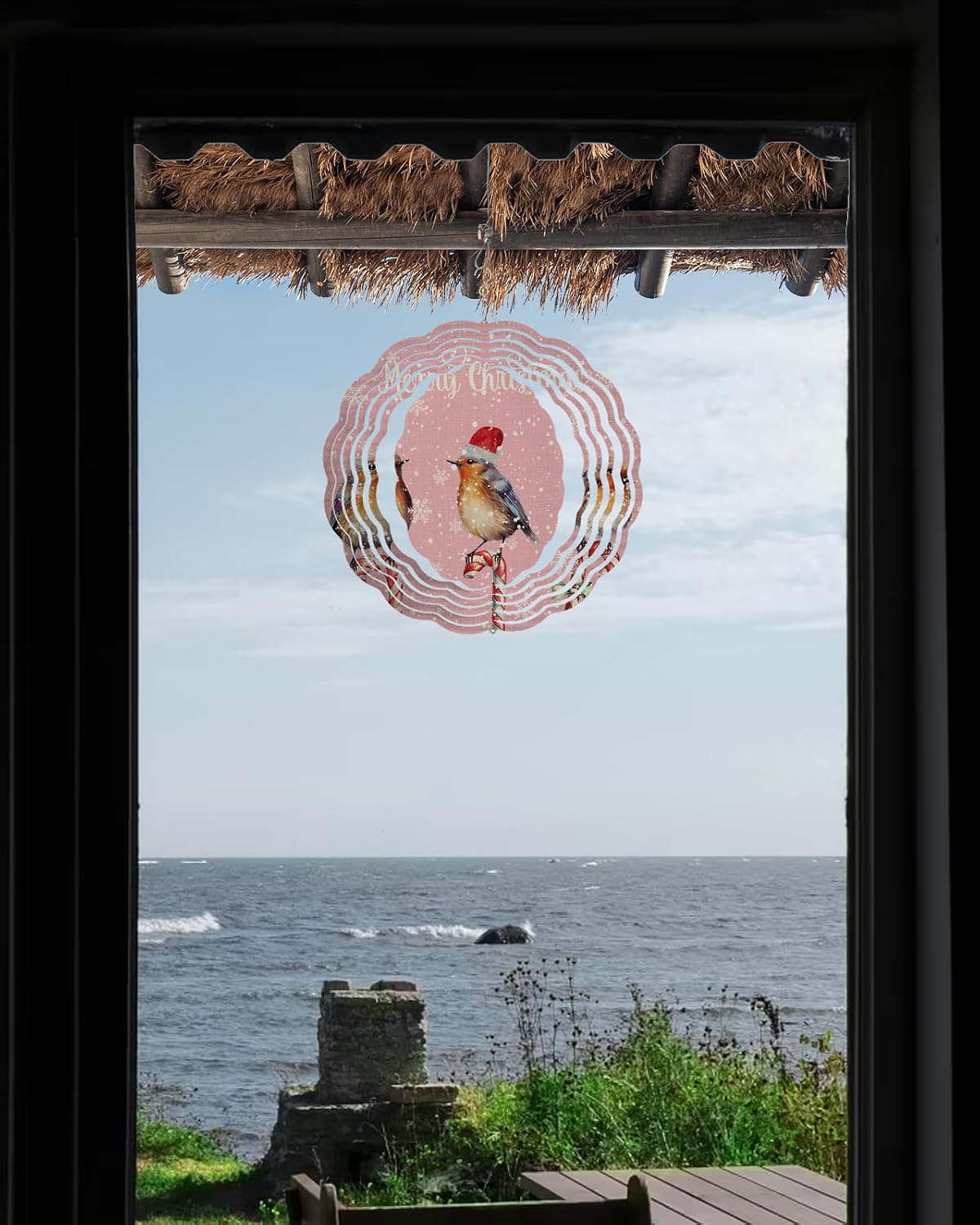 Christmas Pink Wind Spinner 3D Stainless Steel, 12 Inch Double Sided Circle Hanging Wind Spinners, Farmhouse Birds Candy Cane Snowflake Garden Art Wind Sculpture for Yard Porch Front Door