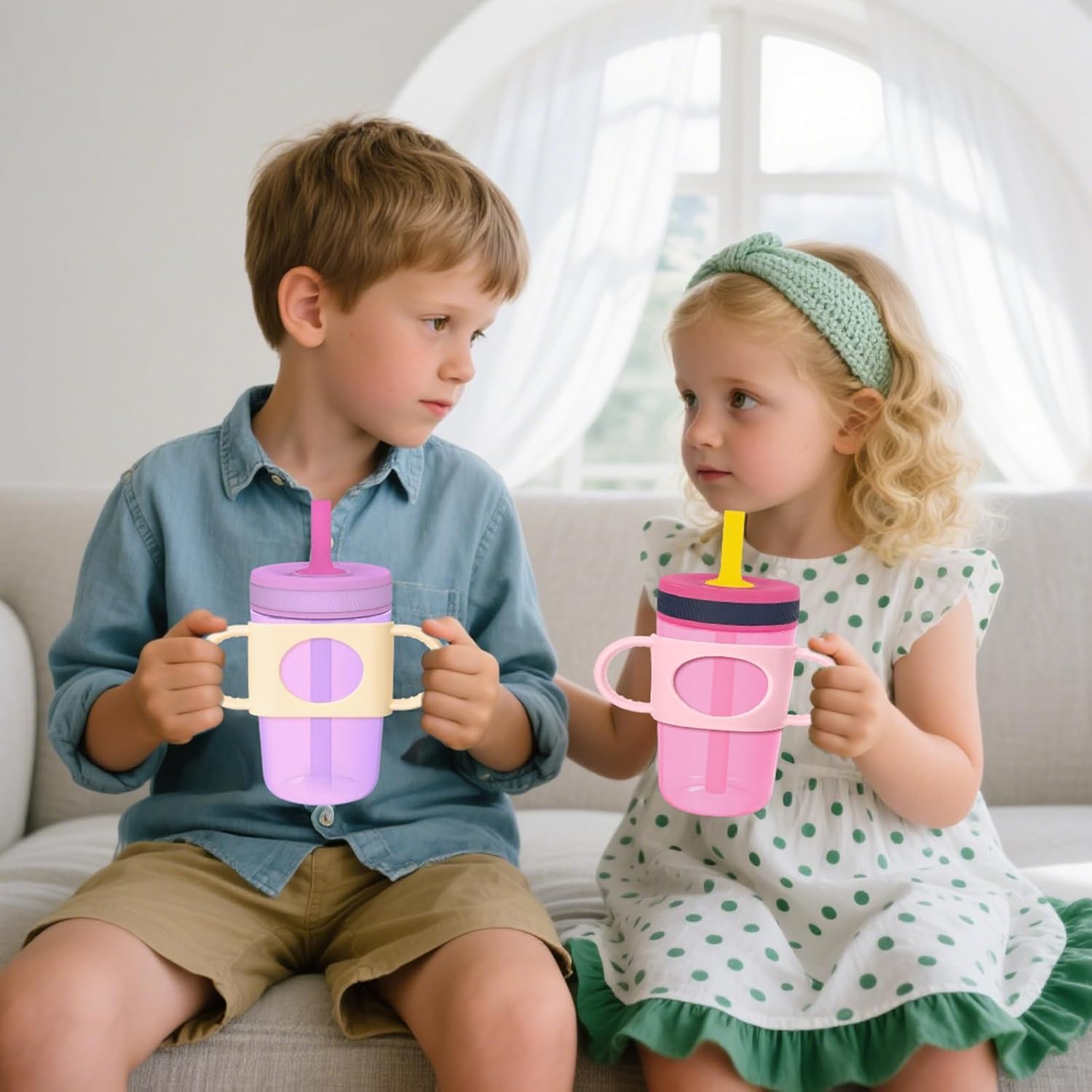 Mity rain Cup Grip Compatible with Owala Toddler Cup - Kid Cup Silicone Dual-Handle Fit for Owala 12oz, for Zak 12oz 15oz, for Stanley 14oz, Kid Water Bottle Handle Tumblers Accessories(2pcs Pink)