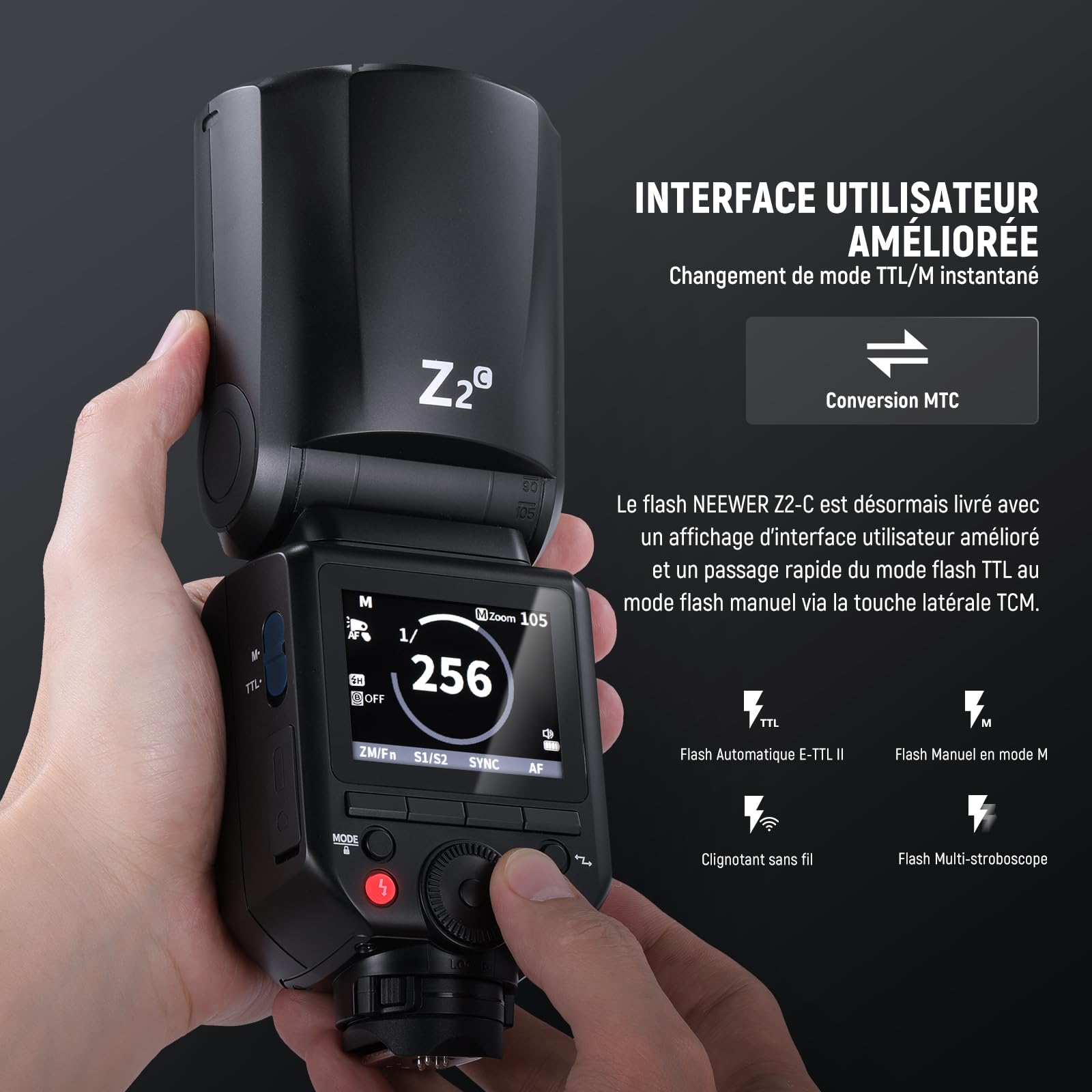 NEEWER Z2-C 2,4G TTL Flash Speedlite Rond Compatible avec Canon,600 Flashs Pleine Puissance,3 000mAh,76Ws 1/8 000s HSS,2 Lampes de modélisation,Diffuseur de lumière,Bouton TTL/M pour système Q 2,4G