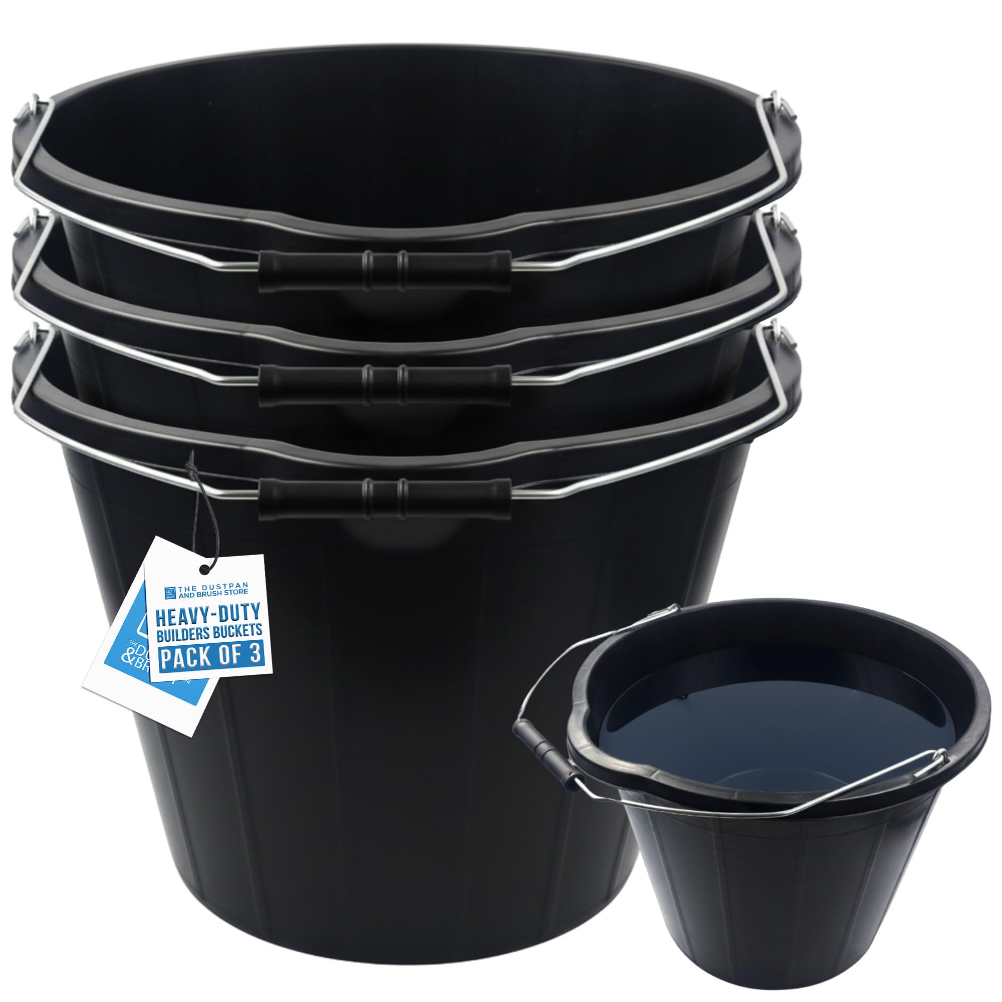 Black Builders Bucket - Sturdy Plastic Buckets with Metal Handles - Black Car Wash Bucket with Spout for Mixing Cement, Cleaning, Car Wash, Gardening, Tools, etc (PACK OF 3)