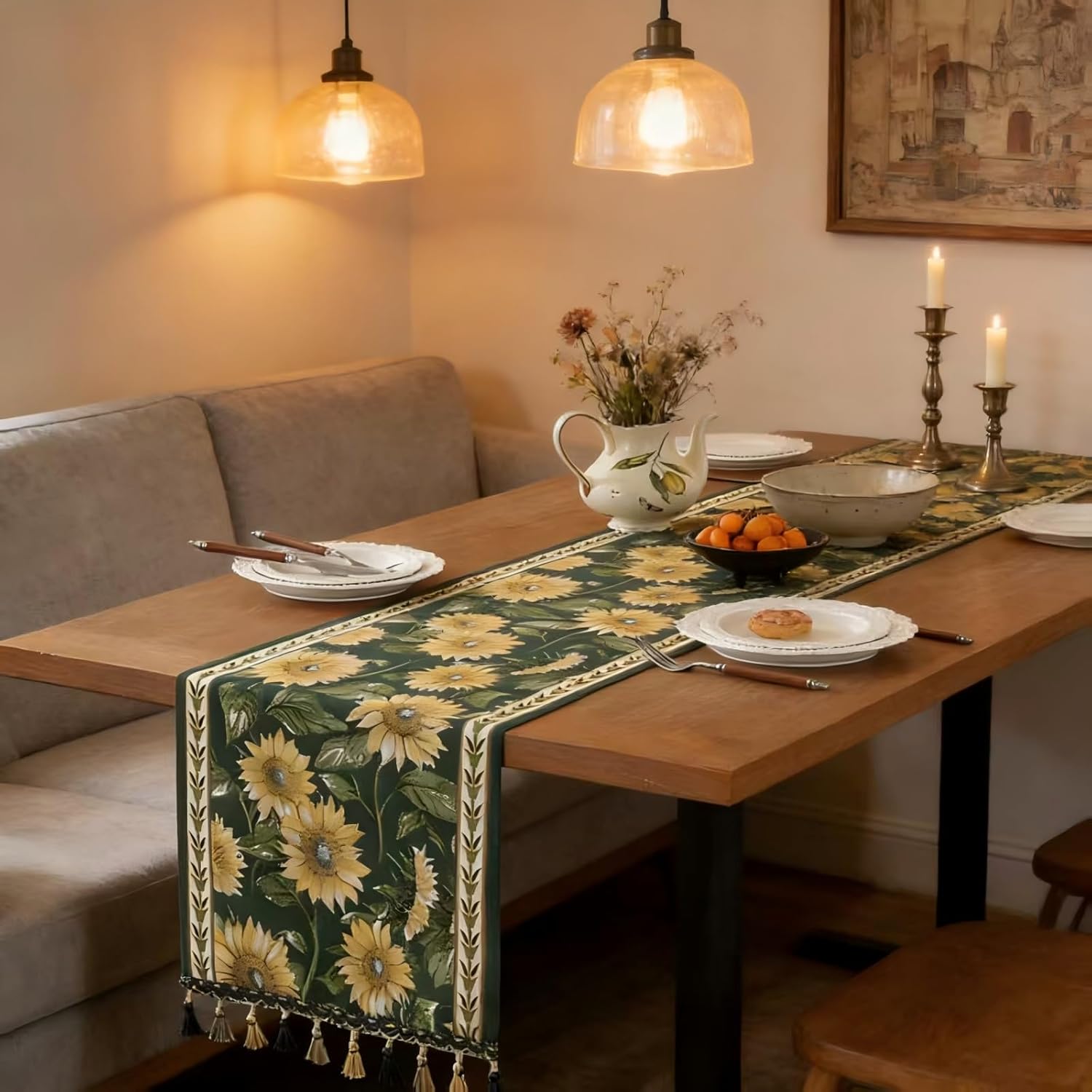 Modern Rustic Farmhouse Flower Table Runner 14x71 Inch, Jacquard Embroidered with Tassels, Decor for Dining Table Coffee Table Dresser & Holiday Party