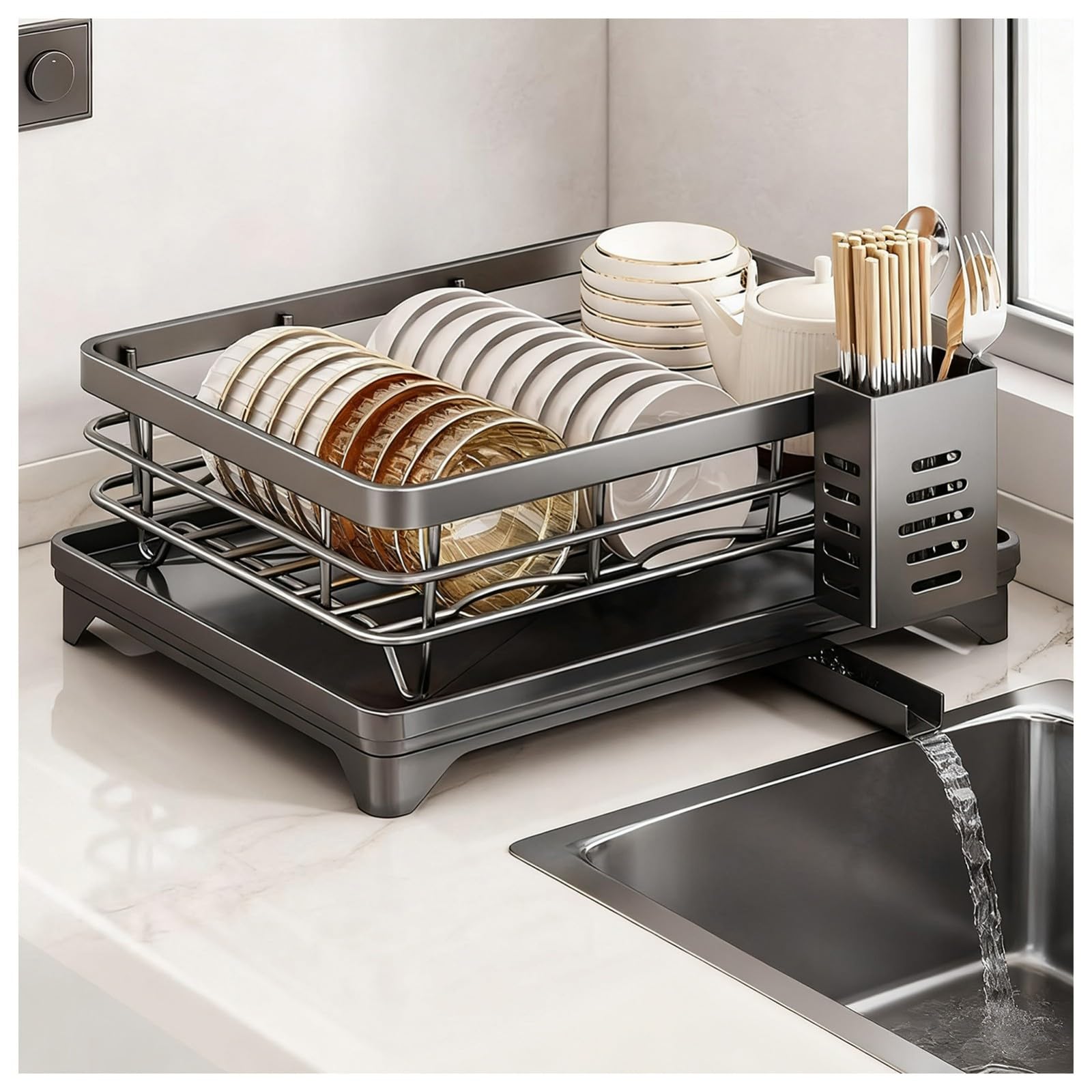 Genérico Escurridor de Platos, escurridor Multifuncional de Acero Inoxidable de Gran Capacidad con Bandeja recogegotas extraíble y Soporte, Organizador de encimera de co