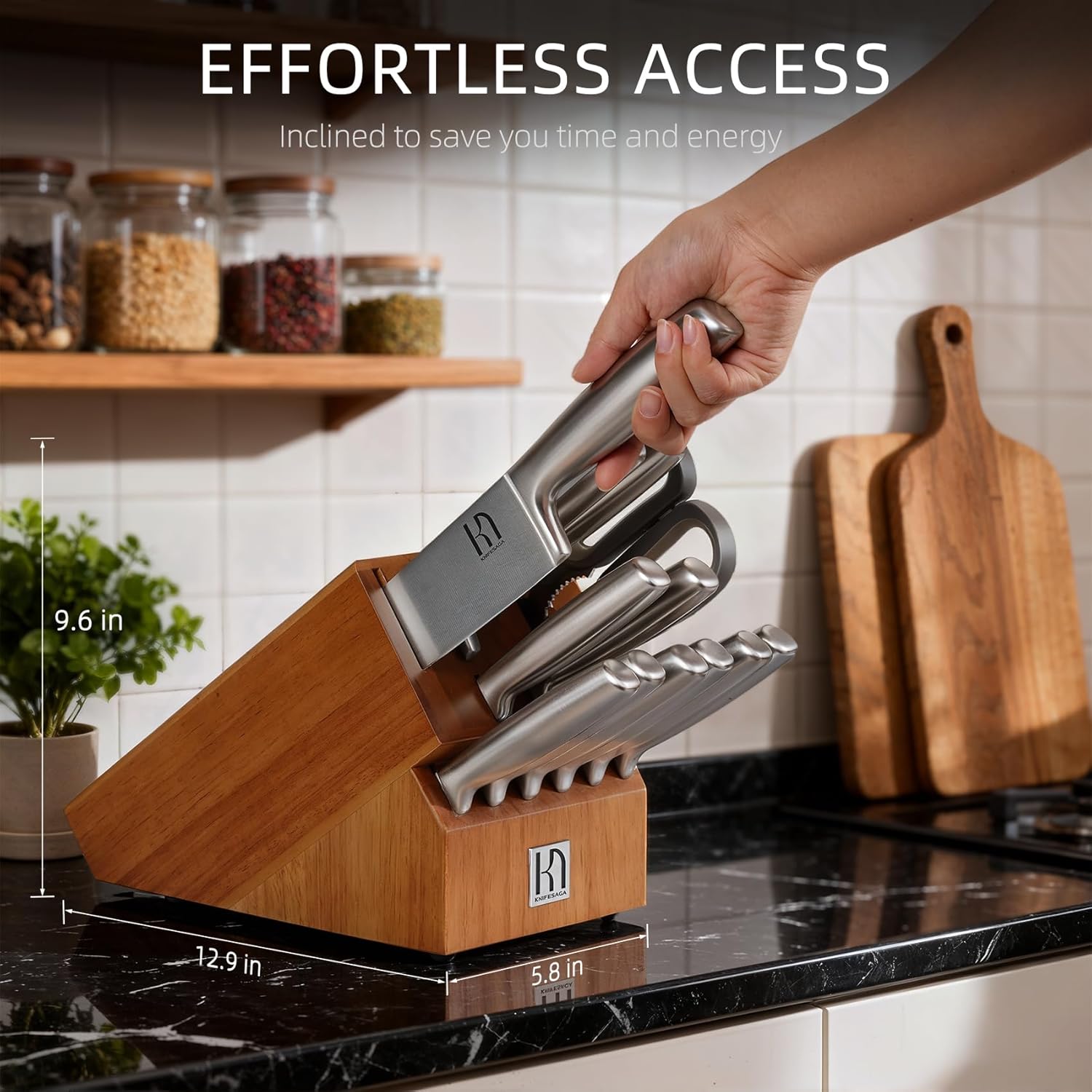 Knife Block Set with Two-stage Sharpener, 14-Piece | Razor Sharp Japanese Stainless Steel Kitchen Knives with Ergonomic Handles