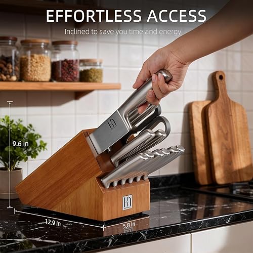 Miniatura 7 de Juego de bloques de cuchillos con afilador de dos etapas, 14 piezas, cuchillos de cocina japoneses de acero inoxidable japonés con asas ergonómicas