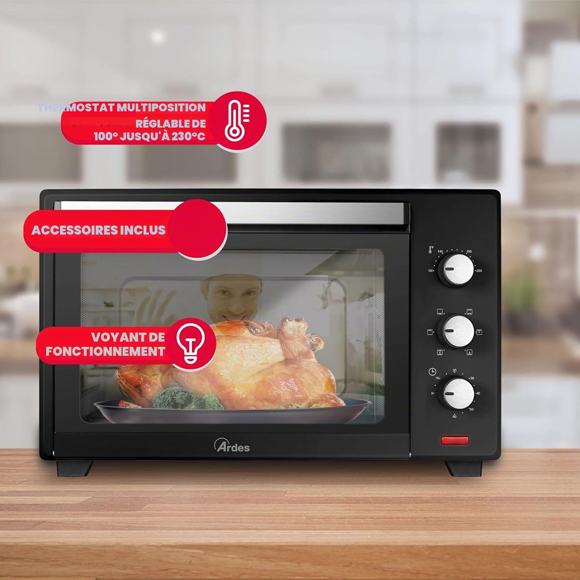 ARDES - AR6238B Four Électrique Ventilé 38 Litres Four Électrique 6 Fonctions de Cuisson Four Électrique Ventilé Minuterie Double Vitre avec Accessoires Noir