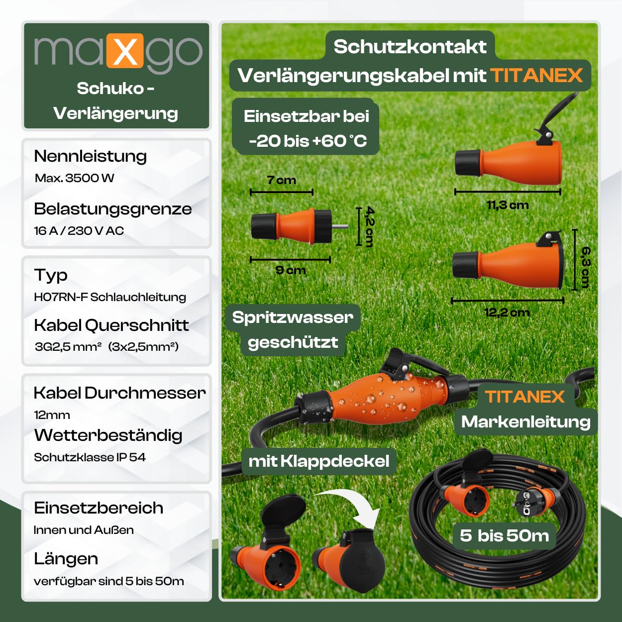 Verlängerungskabel 10 Meter IP54 Außen Verlängerung 10m Stromkabel Außenbereich Kabel Strom Verlaengerungskabel Gummikabel TITANEX 3x2,5 Schuko Outdoor Extension Cord
