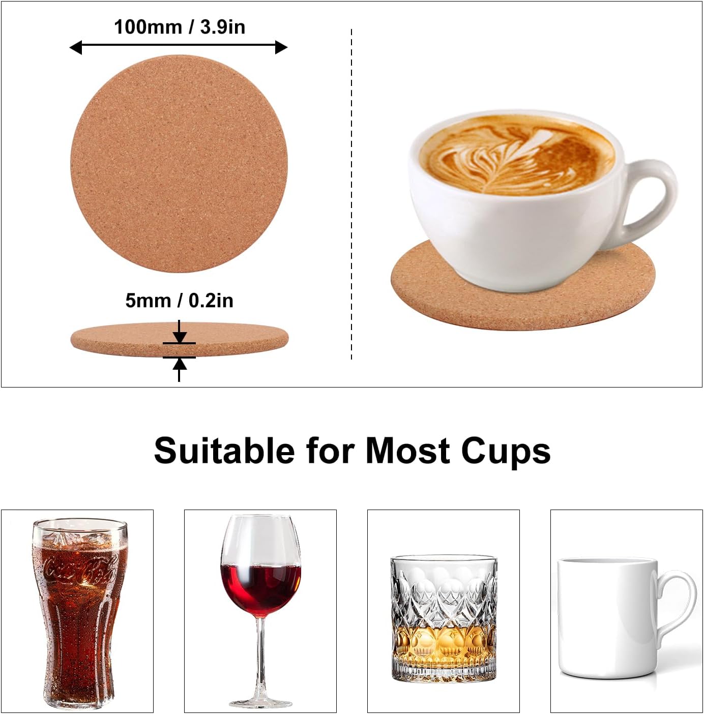 120 Pack 3.93 Inch Round Cork Coasters, Absorbent Cork Coasters for Drinks, Heat Resistant Round Corks Coaster for Crafts, DIY Projects Wine Glass, Mug, Coffee Cup, Plants and General Use KUKLIPJIM