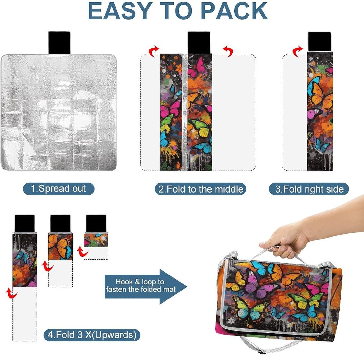 Art Graffiti Butterflies Print Waterproof Picnic Blanket 58.3''x58.3'',Portable and Foldable Picnic Mat with Handle,Outdoor Blankets for Lawn Park Beach Travel