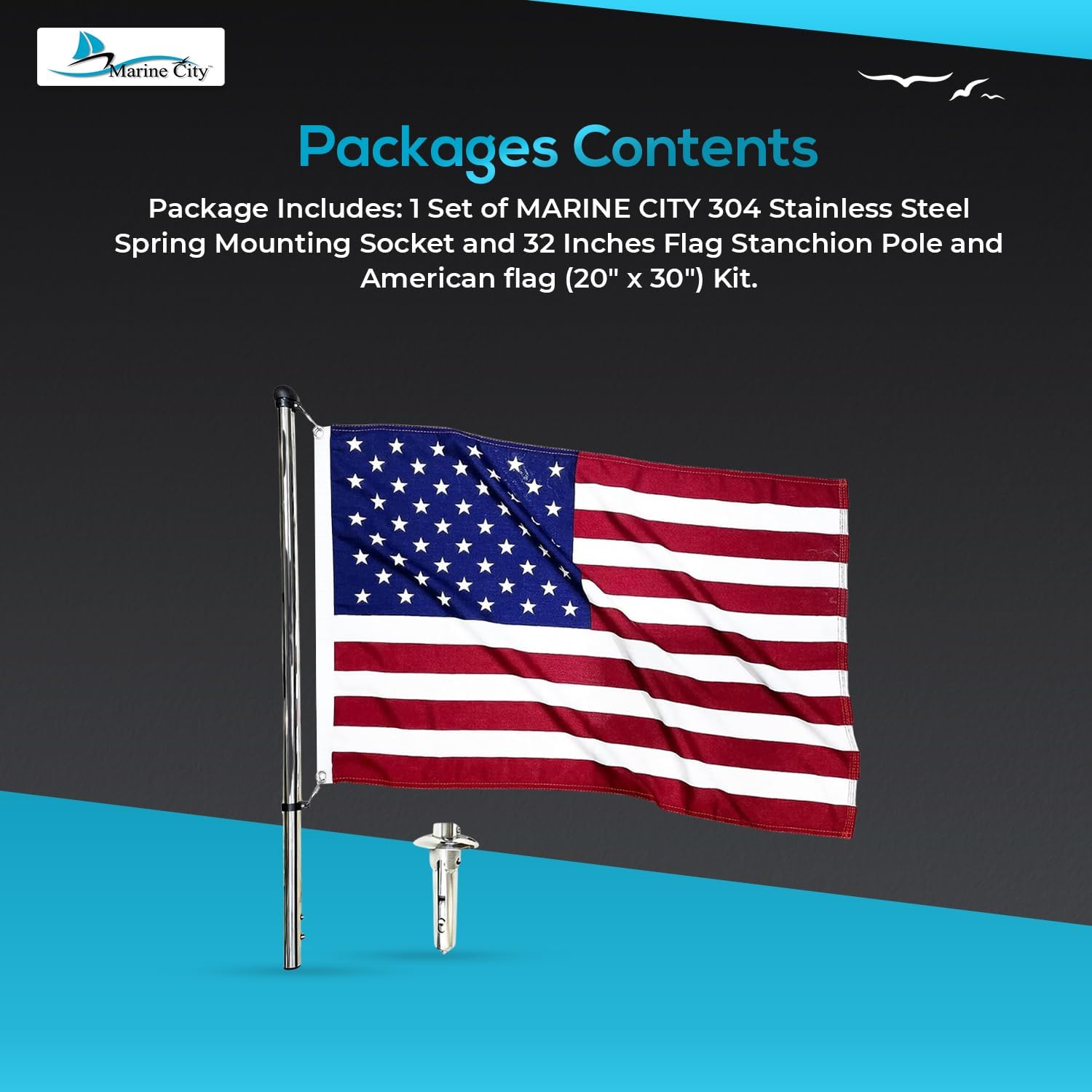 MARINE CITY Spring Mounting Socket and 32-Inch Flag Stanchion Pole Kit – 304 Stainless Steel, 20" x 30" US Flag, Durable and Corrosion-Resistant for Marines, Boats, Yachts (Pack of 1)