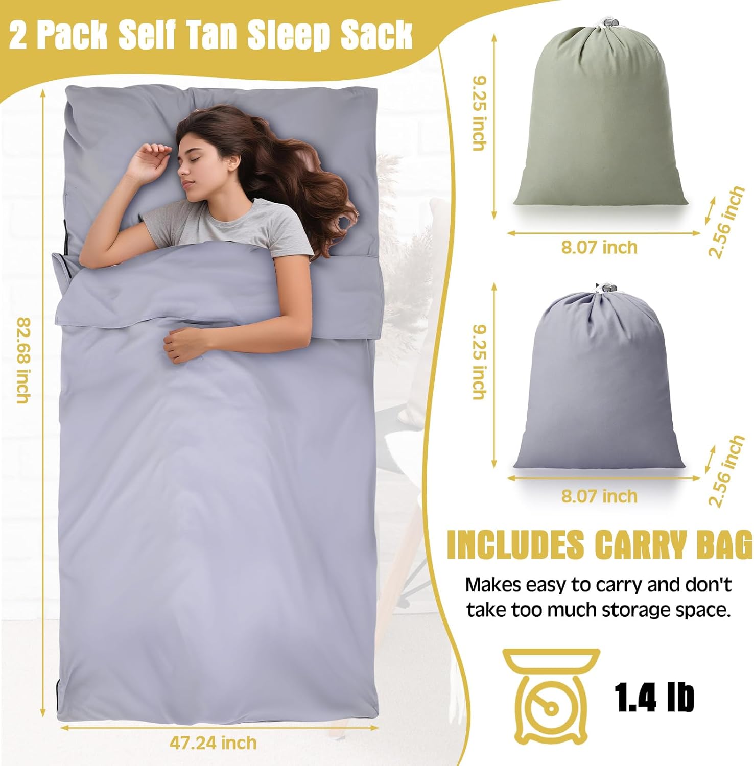 SmoothNovelty 2 Pack Sleeping Bag Liner Portable Polyester Microfiber Adult Sleep Sack with Pocket Bag Travel Self Tan Sheets for Hotel Summer Camping Hiking Business Outdoor Indoor