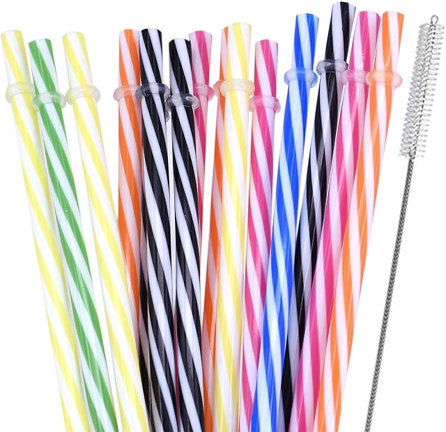 15 PCS Plastic Reusable Straws Mason Jar Straws Thick Plastic Drinking Straws Striped Plastic Hard Straws BPA Free Long Straws with 1 PCS Cleaning Brush for Yeti Tumbler Cocktails Drinking