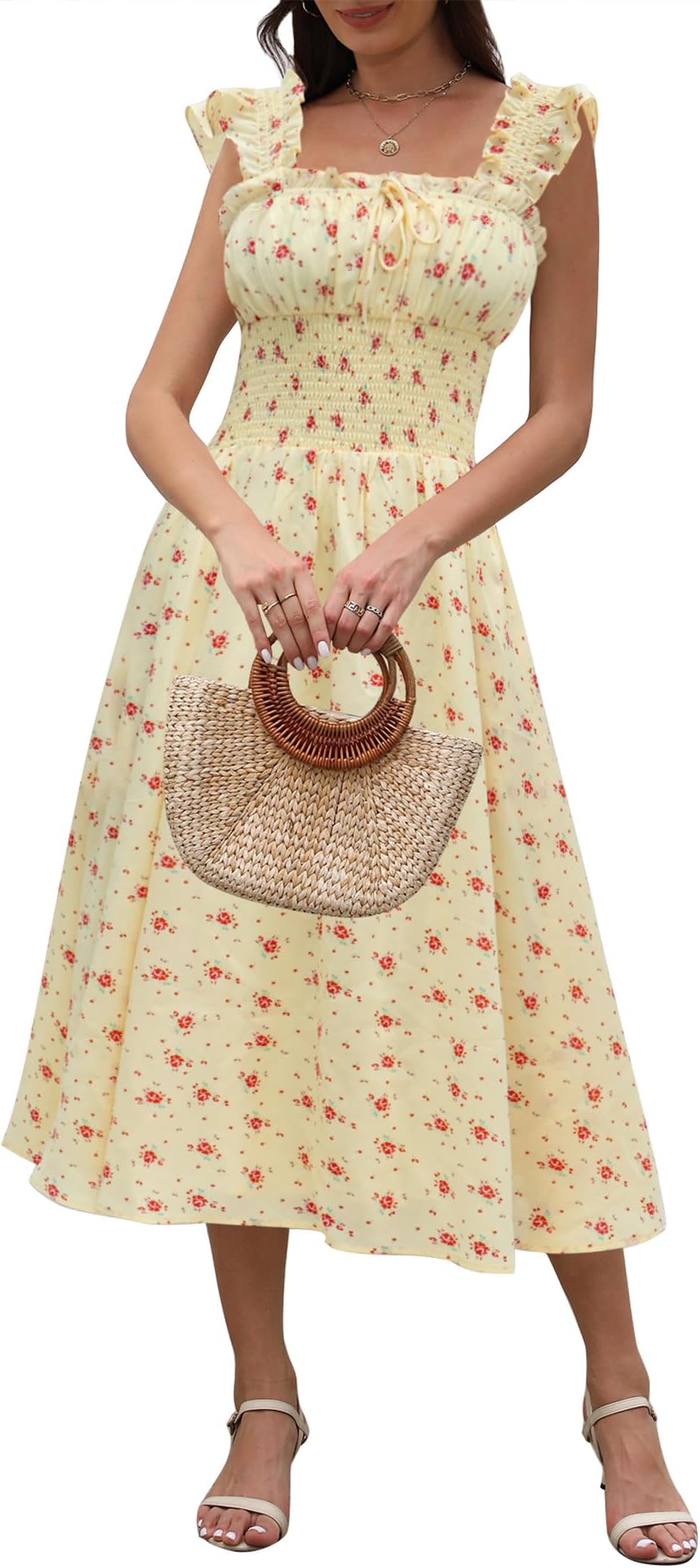 Women's 2026 Summer Flowy Maxi Dresses Casual Ruffle Sleeve Square Neck Smocked Waist Beach Vacation A Line Long Dress