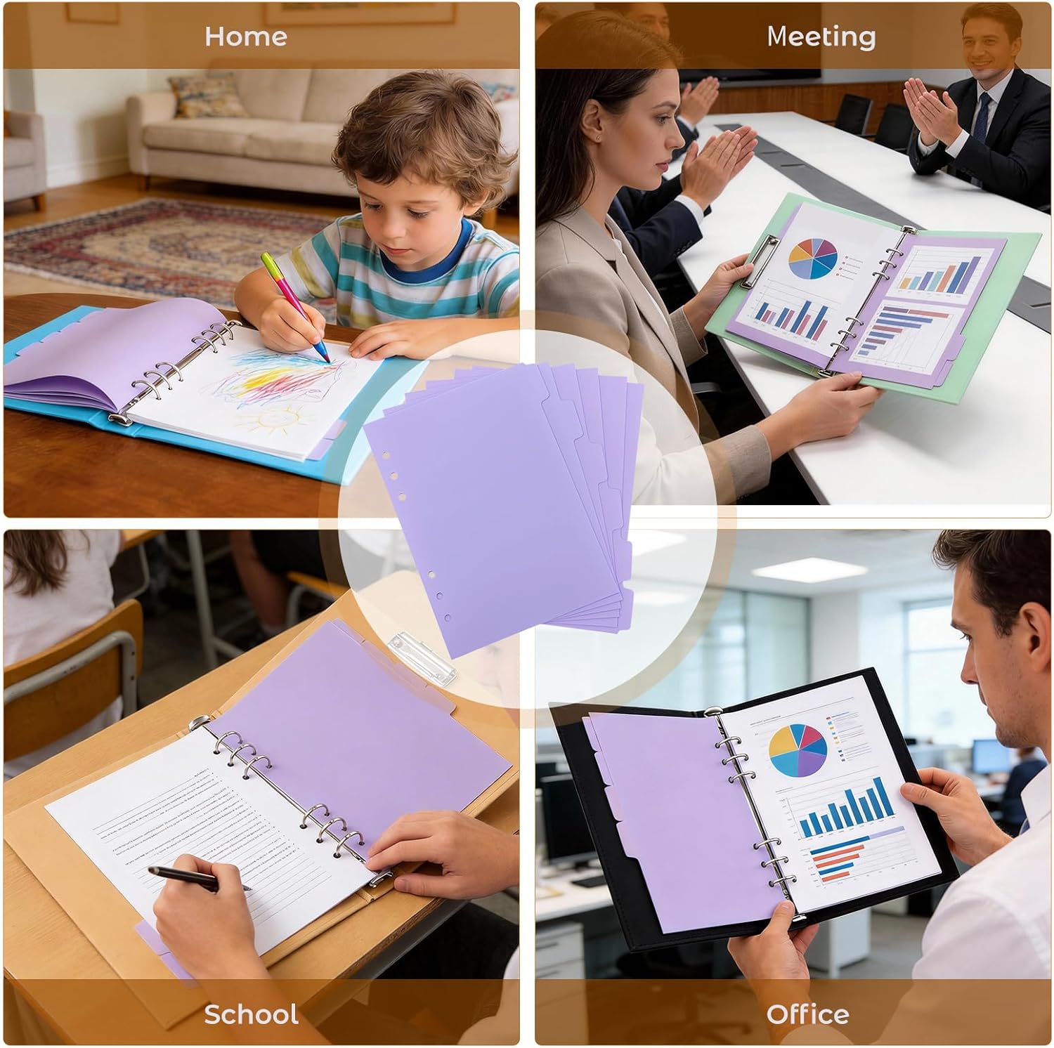 NUOBESTY A5 Binder Dividers 6 Ring, 6 Pack Pastel Purple Plastic Tab Dividers, Tear-Resistant Separators with Insertable Labels for Aesthetic Planner & Journal Organization