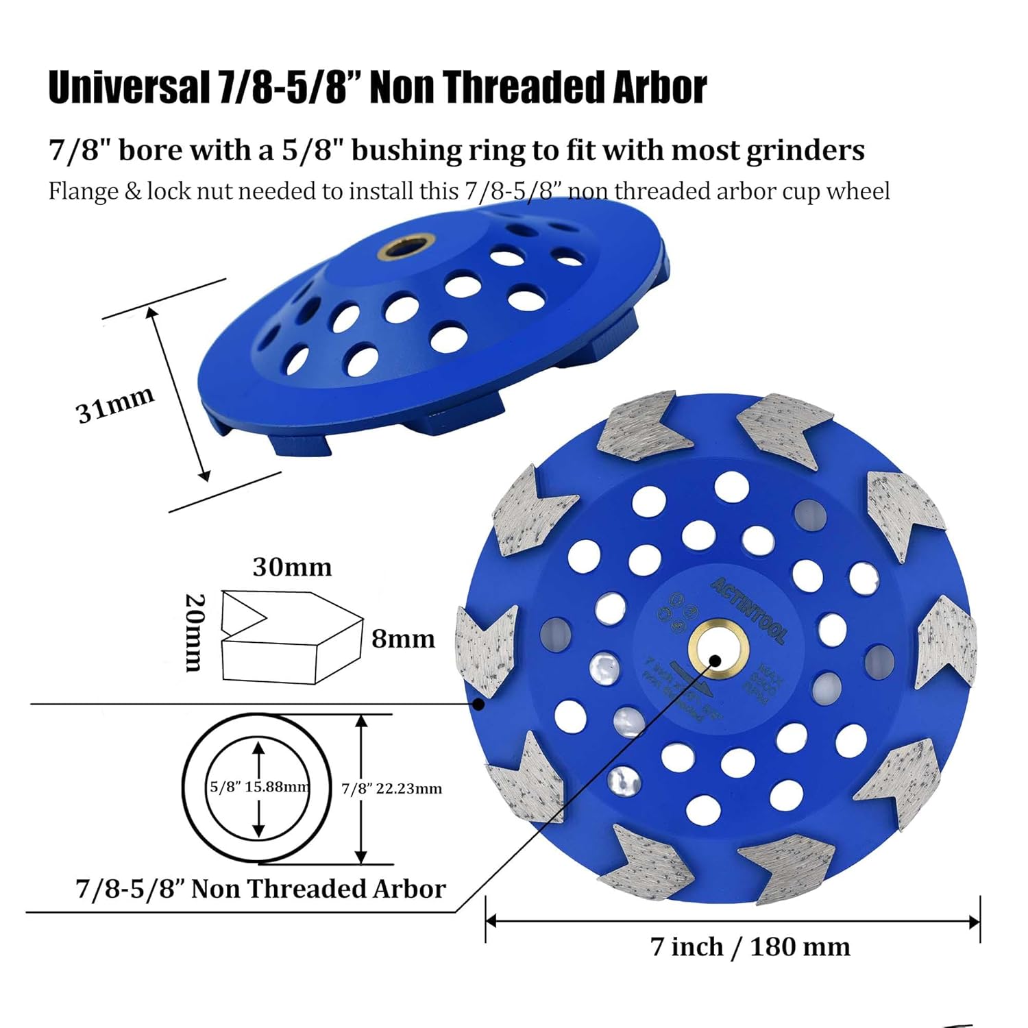 7 in. x 7/8-5/8 in. Non Threaded 10 Pcs Arrow Segments Grinding Cup Wheel for for Concrete Epoxy Glue Mastic Paint and Coating Removal(7/8"-5/8" Non-Threaded)