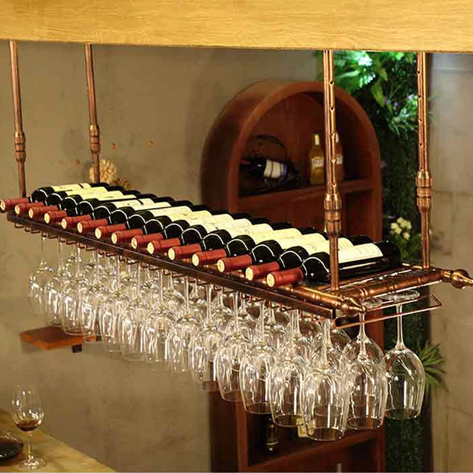 Casier à vin à l'envers en fer rustique et porte-verre suspendu