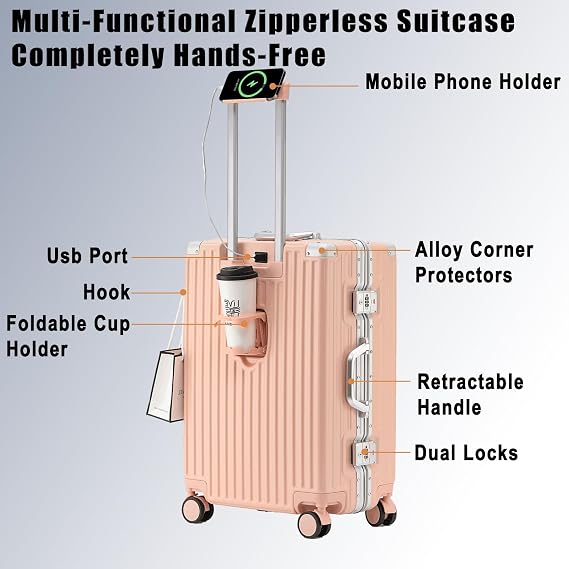 Hard Shell Suitcase Cabin 4 Wheels Small Suitcase On Wheels with USB Charger Cup Holder,Hand Luggage Case Zipperless (Pink, 20in)