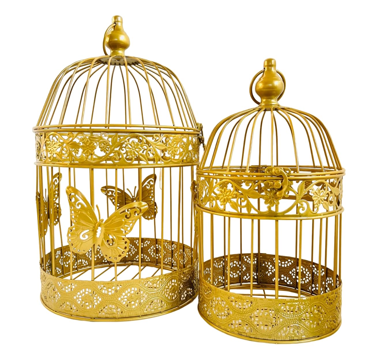 Hadaaya's Set of 2 Gold Round Metal Birdcage Lantern, Decorative Candle Holder, Wedding Card Holder, Decorative Table Centerpiece for Valentine, Wedding, Indoor/Outdoor Party Event (Gold)