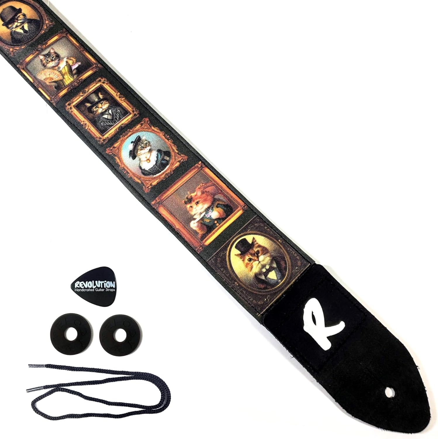 Fancy Cat Guitar Strap, Dapper Kittens Genuine Leather Ends, Includes 2 Strap Locks & 1 Pick. Adjustable Strap, Pick Pocket, For Bass, Electric & Acoustic Guitars Gift for Men, Women & Kids