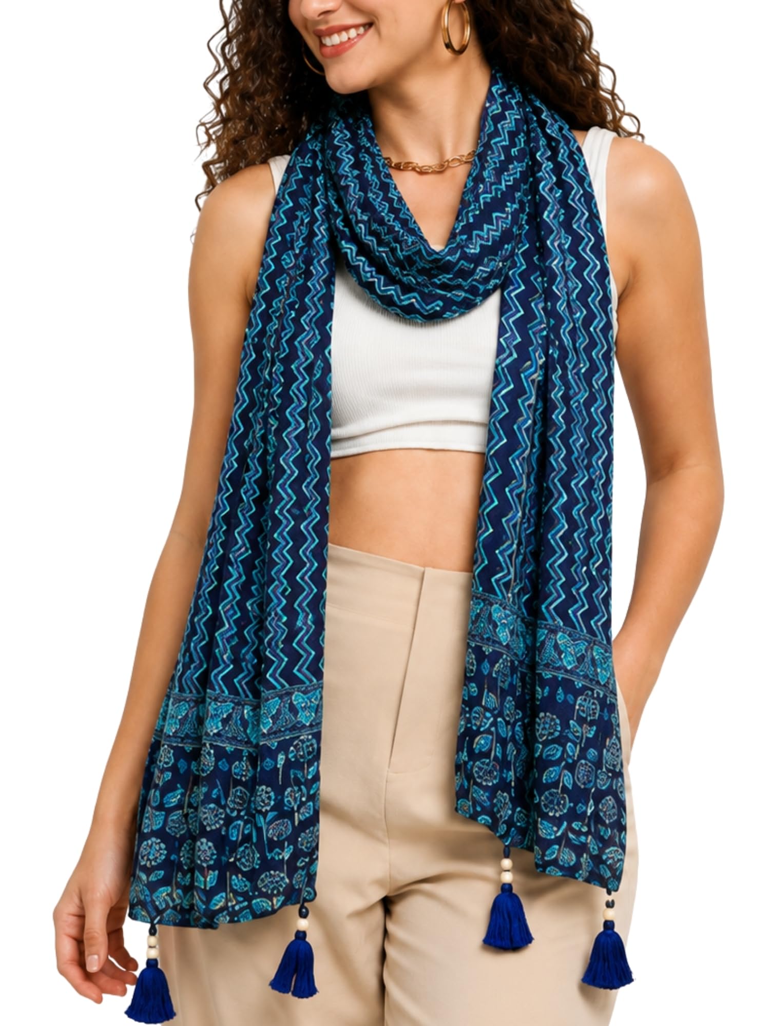 Cotton Scarf For Women Stylish|Beach Tassel Printed Scarf|Multicolor|Easily fits 180 * 50cm|70x20 Inch-picture-47
