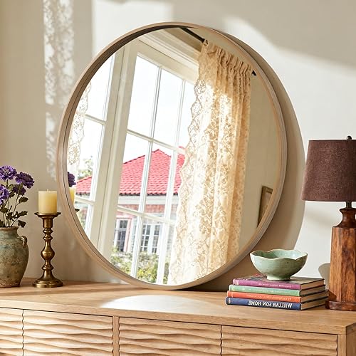 Miniatura 19 de HOMECOOKIN Espejo de pared redondo de 32 pulgadas, espejo circular dorado para baño con marco de metal, espejo dorado redondo para decoración
